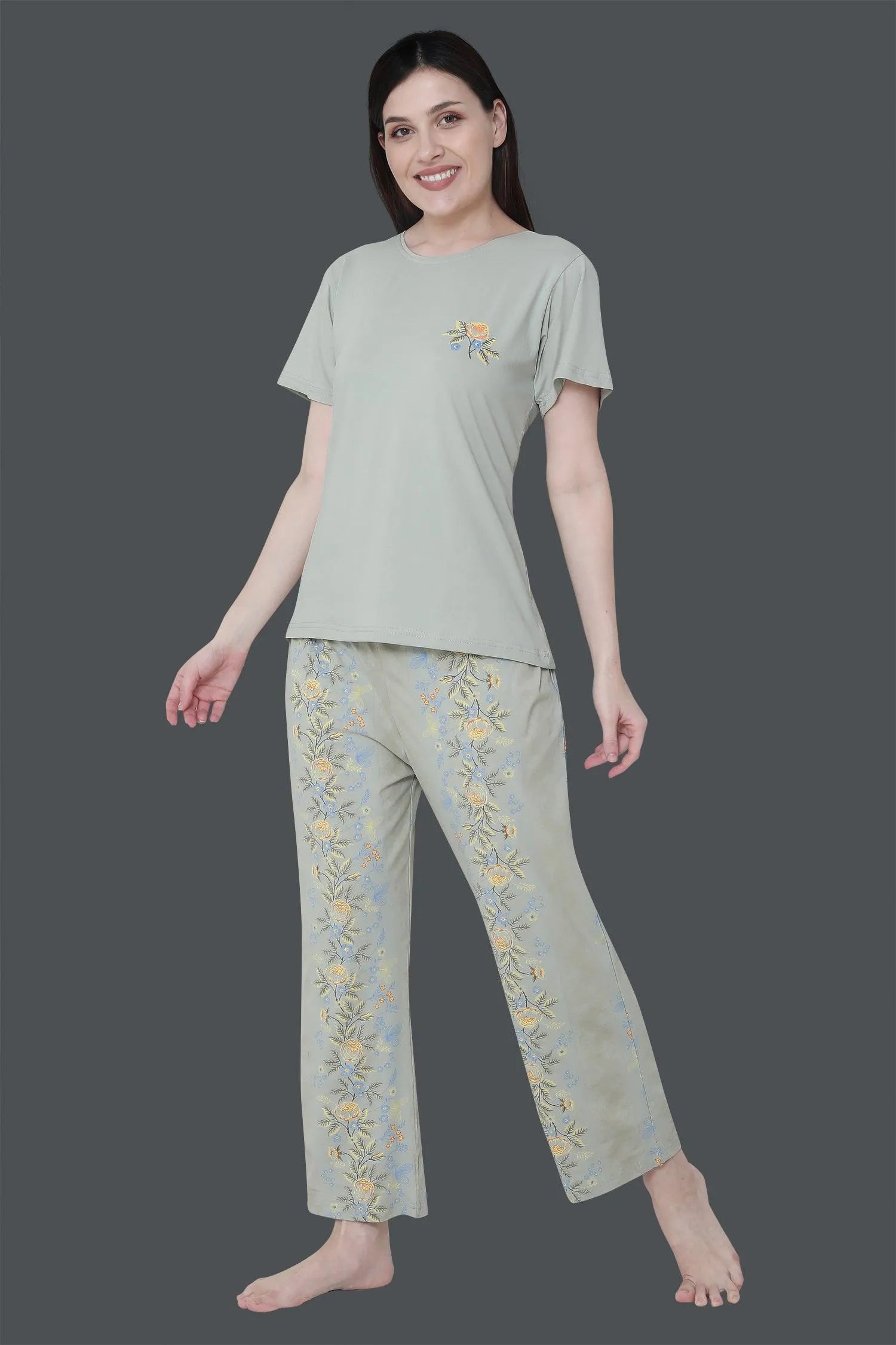 Velure Tunic Blossom Print Pajama Set - Velure - T-Shirt and Pant - Cotton, Floral Print, Full Length Pant, Half Sleeves, Round neck nightsuit