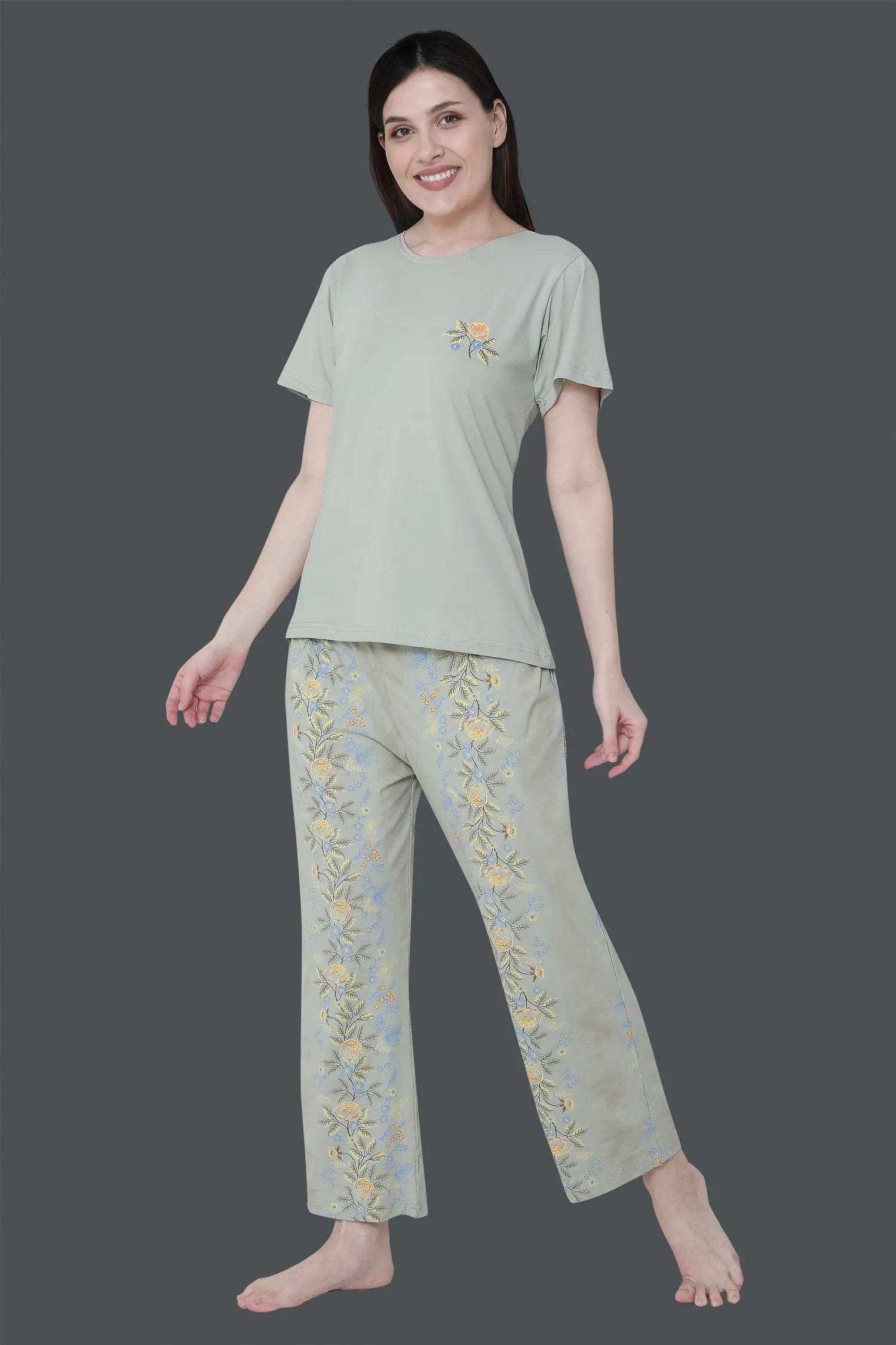 Velure Tunic Blossom Print Pajama Set - Velure - - Cotton, Floral Print, Full Length Pant, Half Sleeves, Round neck nightsuit