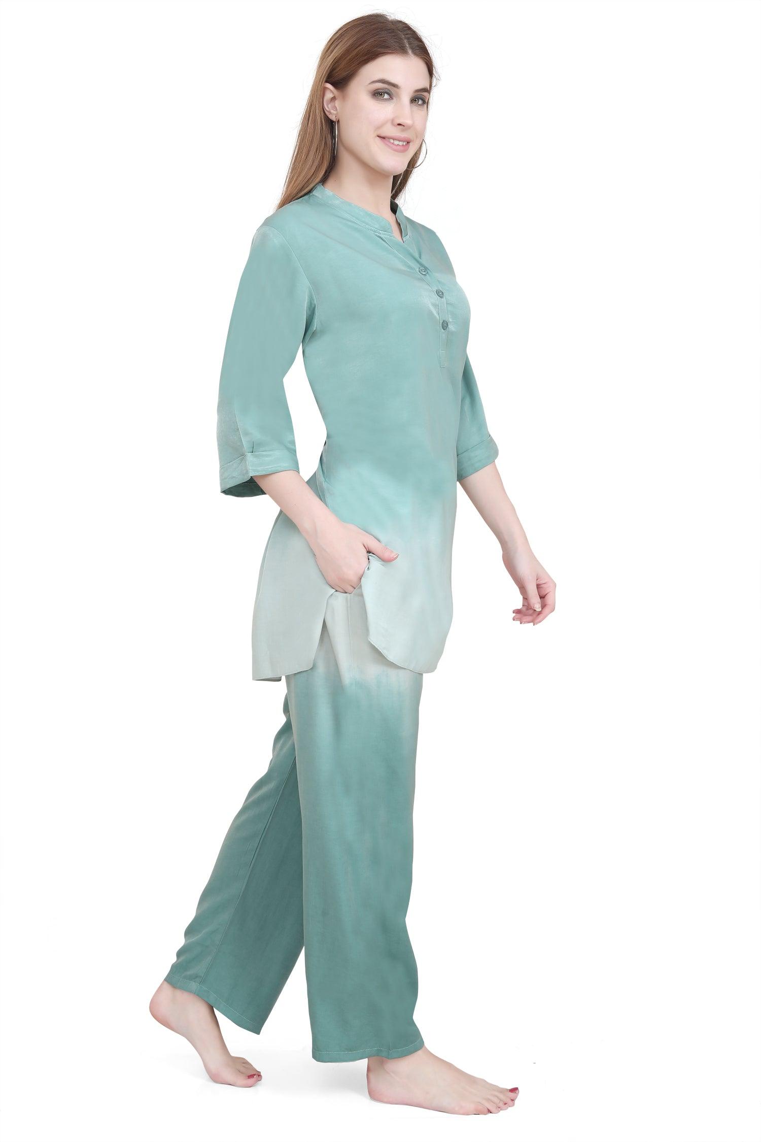 Velure Stunning Green Dual Shade Kurti Style Night Suit - Velure - Long Top and Pant - 3/4 Sleeves, Collar Neck, Cotton, Front Button Open, Full Length Pant