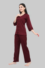 Velure Casual Maroon Satin Night Suit - Velure - Shirt and Pant - 3/4 Sleeves, Collar Neck, Front Button Open, Full Length Pant, Satin