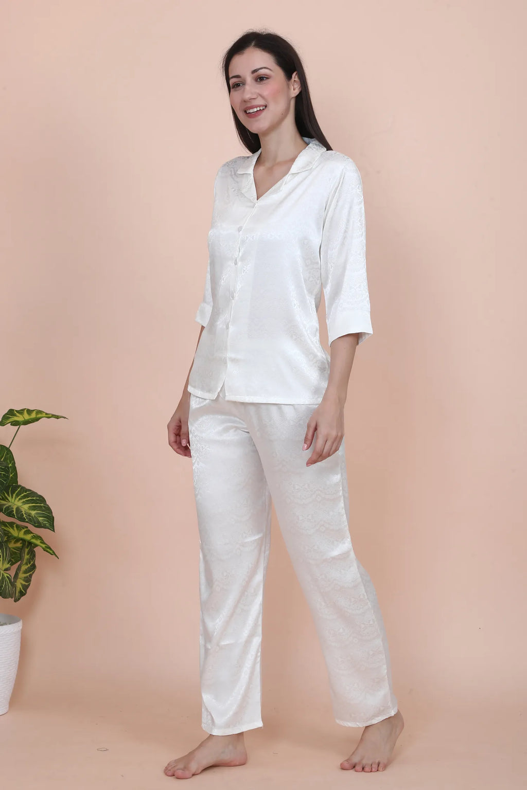 Velure Adorable Paisley Print Satin Night Suit - Velure - - 3/4 Sleeves, Collar Neck, Front Button Open, Full Length Pant, Printed, Satin