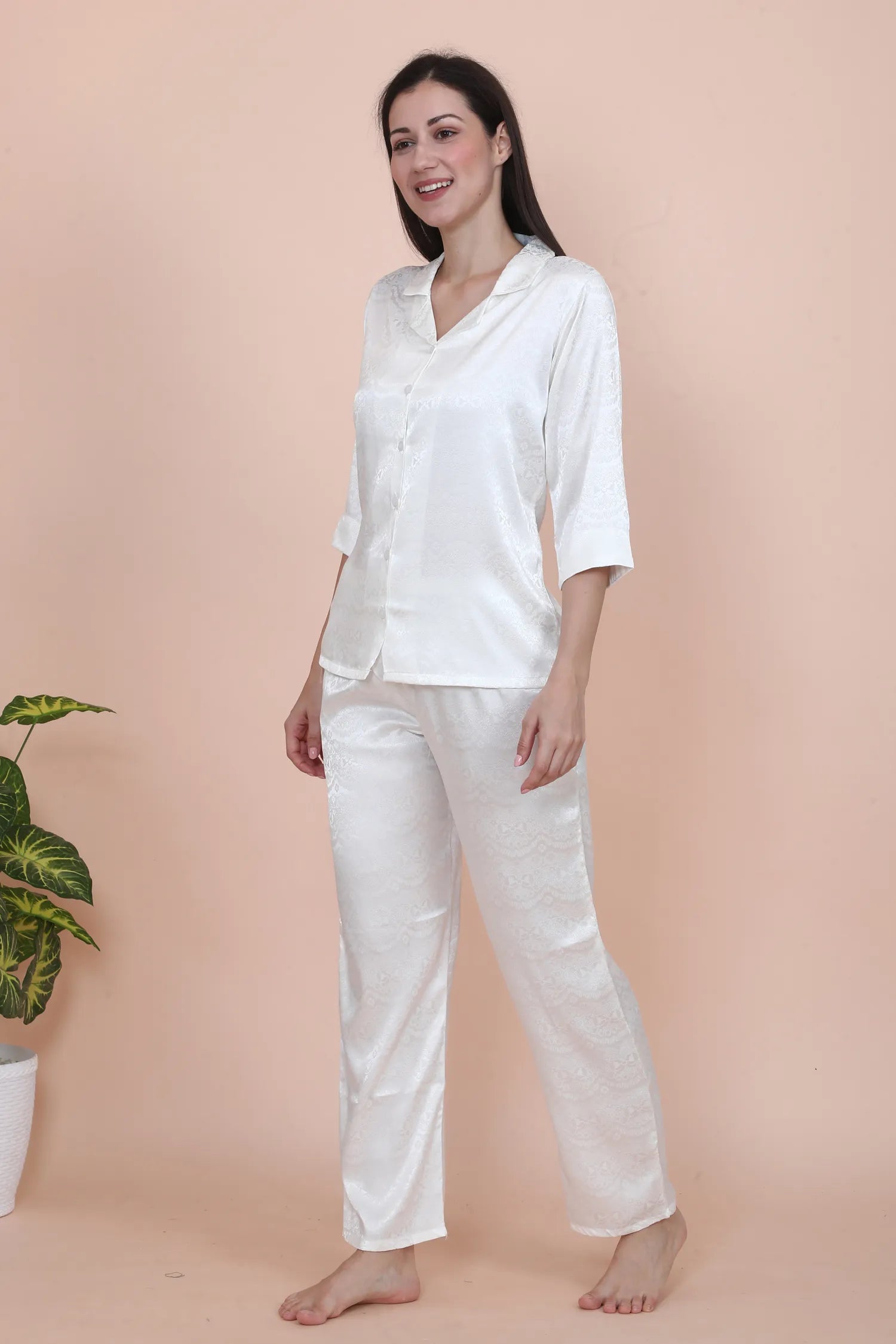 Velure Adorable Paisley Print Satin Night Suit - Velure - - 3/4 Sleeves, Collar Neck, Front Button Open, Full Length Pant, Printed, Satin