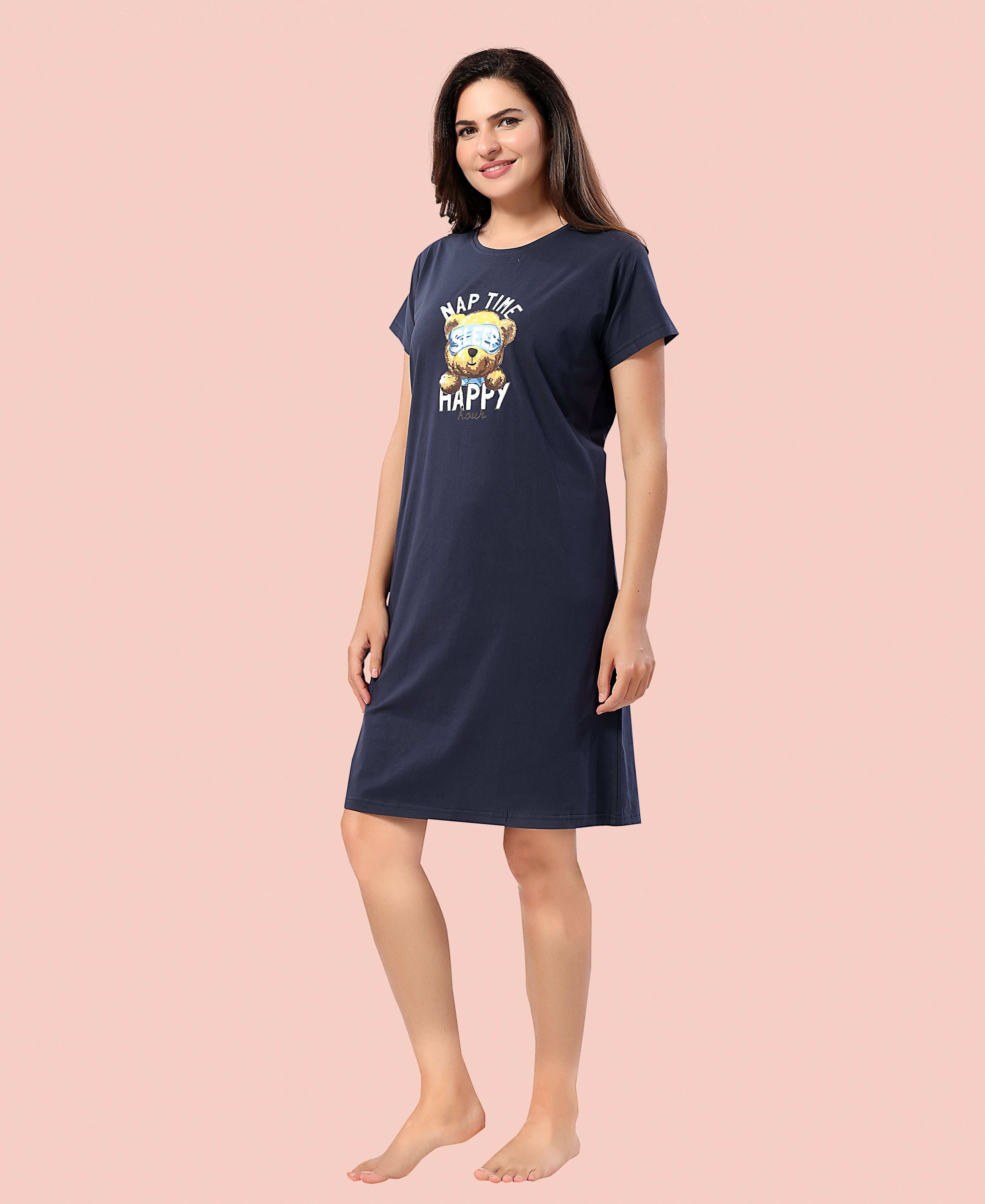 Velure Cute Teddy Bear Nap Time Short Nighty - Velure - - Cotton, Half Sleeves, Knee Length, Printed, Round neck