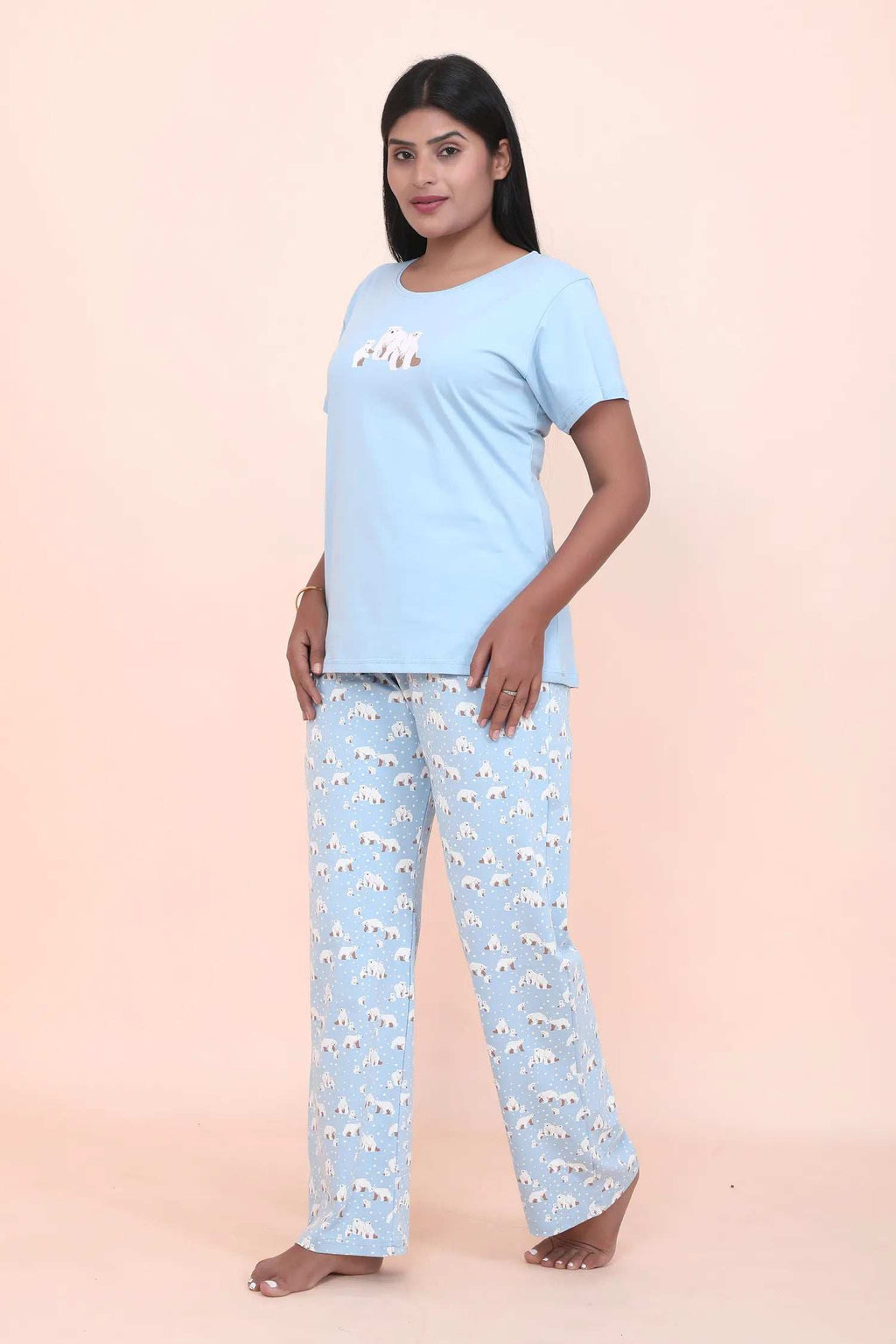 Velure Cute Cartoon Polar Bear Printed Pajama Set - Velure - - Cotton Lycra Fabric, Full Length Pant, Half Sleeves, Round neck nightsuit