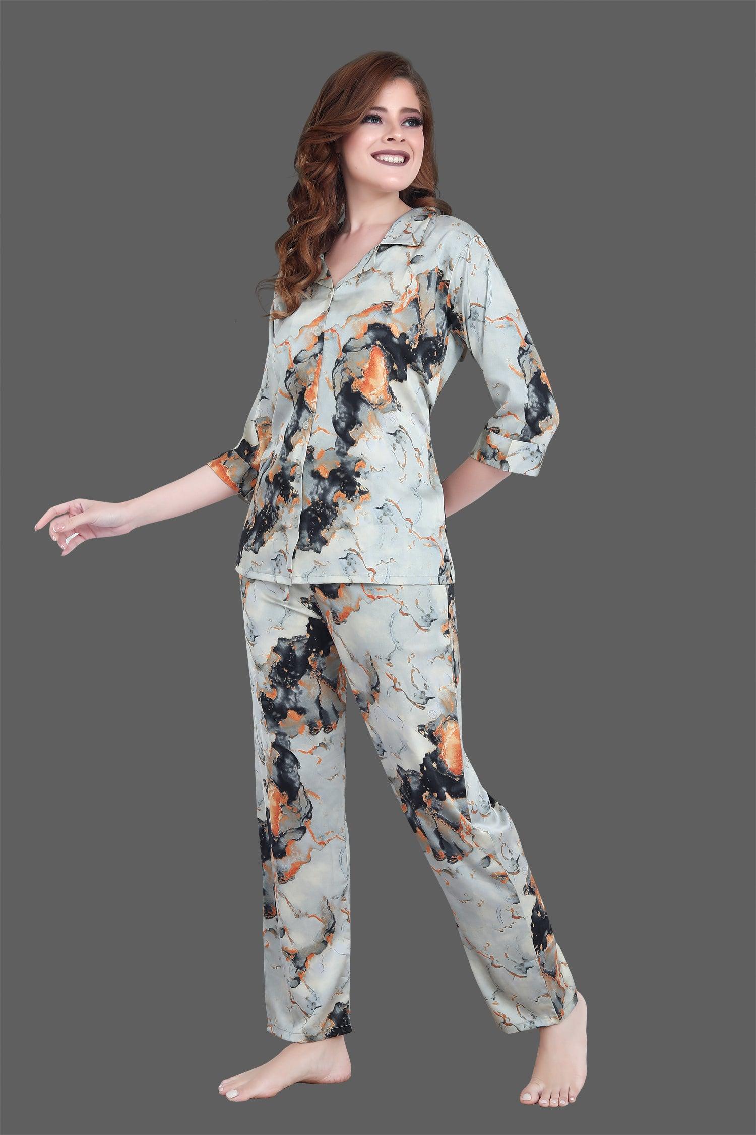 Velure Stunning Multi-Color Satin Print Night Suit - Velure - Shirt and Pant - 3/4 Sleeves, Abstract Print, Front Button Open, Full Length Pant, Satin