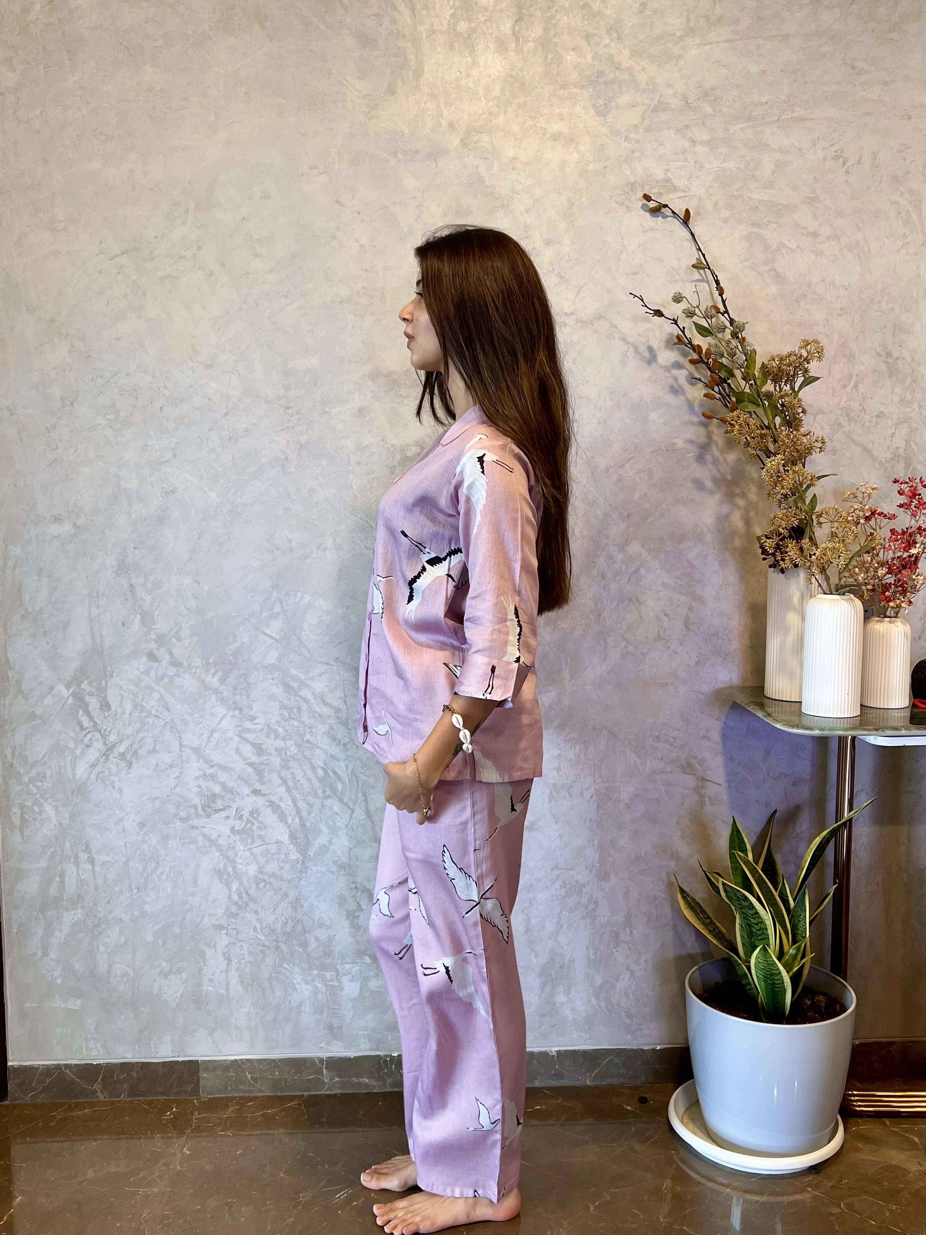 Velure Pink Swan Cotton Night Suit - Velure - - 3/4 Sleeves, Collar Neck, Cotton, Front Button Open, Full Length Pant, Printed