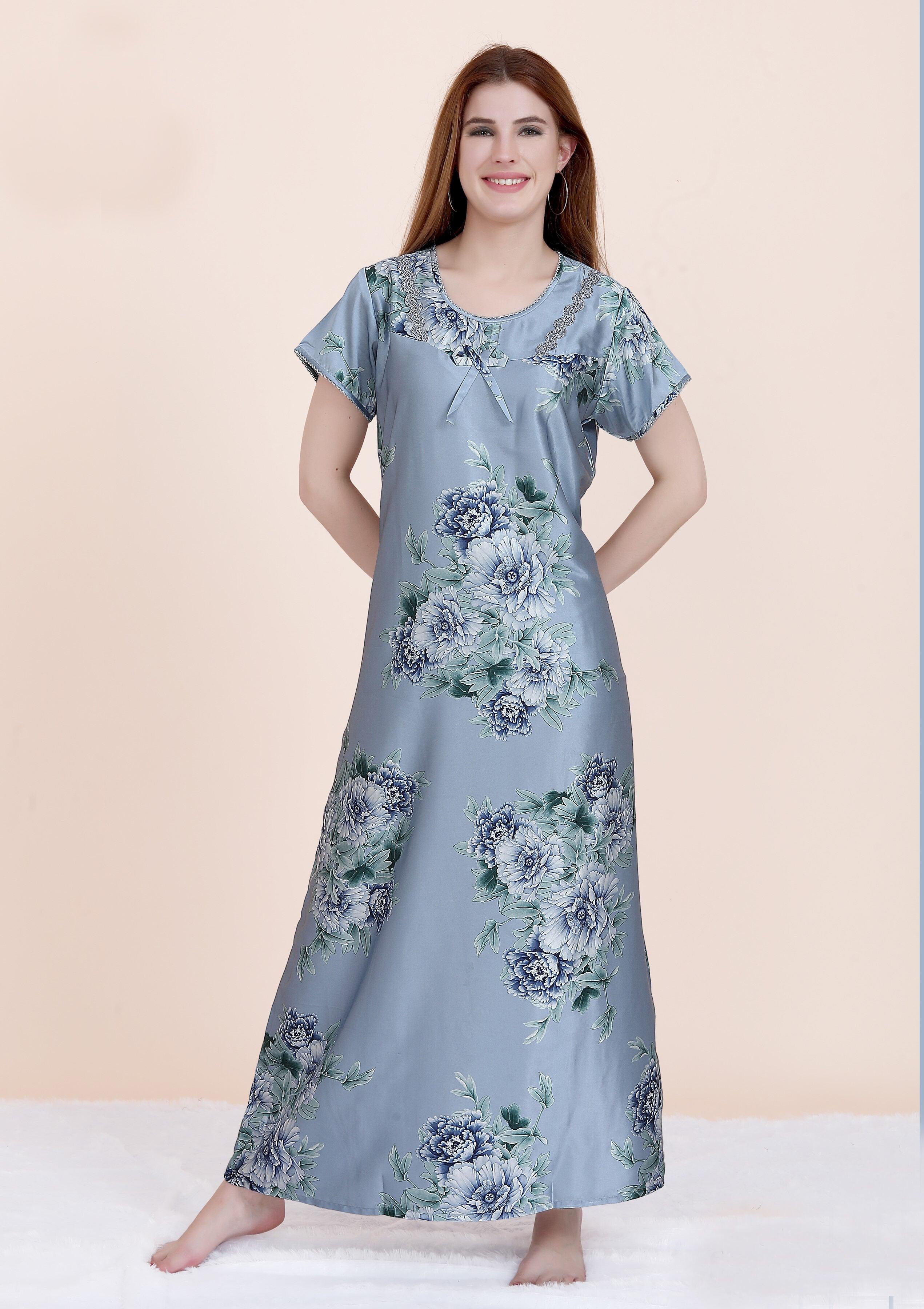 Velure Lovely Satin Nighty - Velure - Nighty - Floral Print, Full Length Nighty, Half Sleeves, Satin