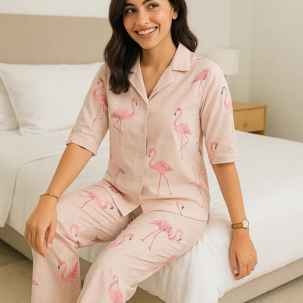 Velure Adorable Pink Flamingo Print Cotton Night Suit