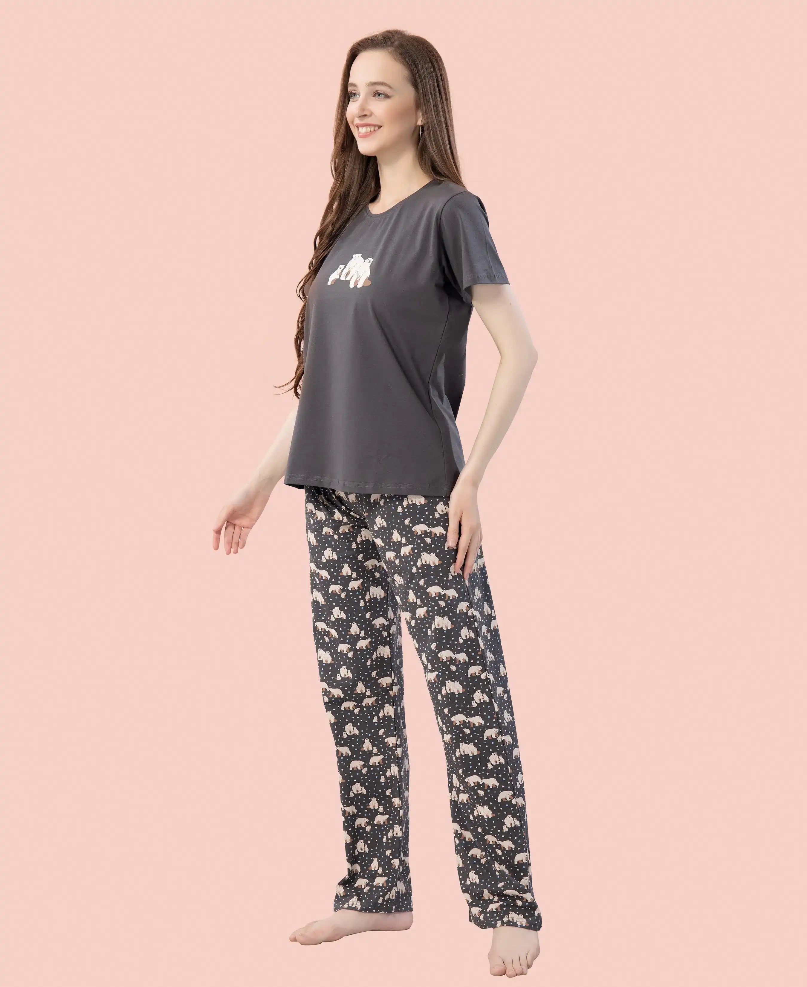 Velure Playful Polar Bear Printed Pajama Set - Velure - - Cotton Lycra Fabric, Full Length Pant, Half Sleeves, Round neck nightsuit