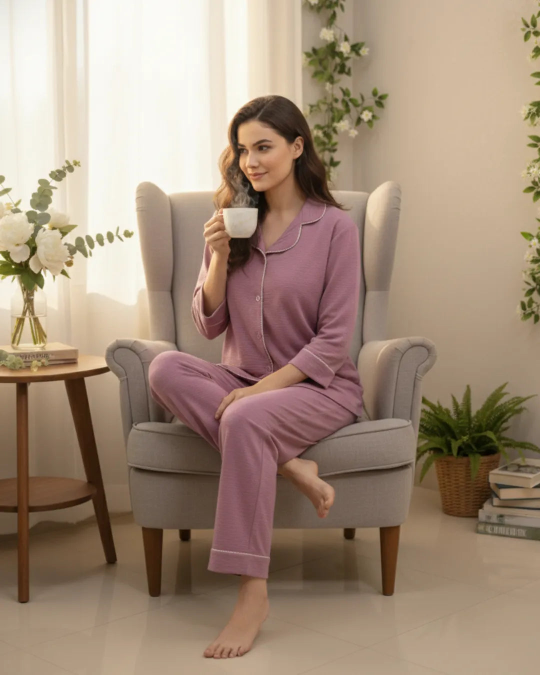 Velure Classic Wine Cotton Night Suit