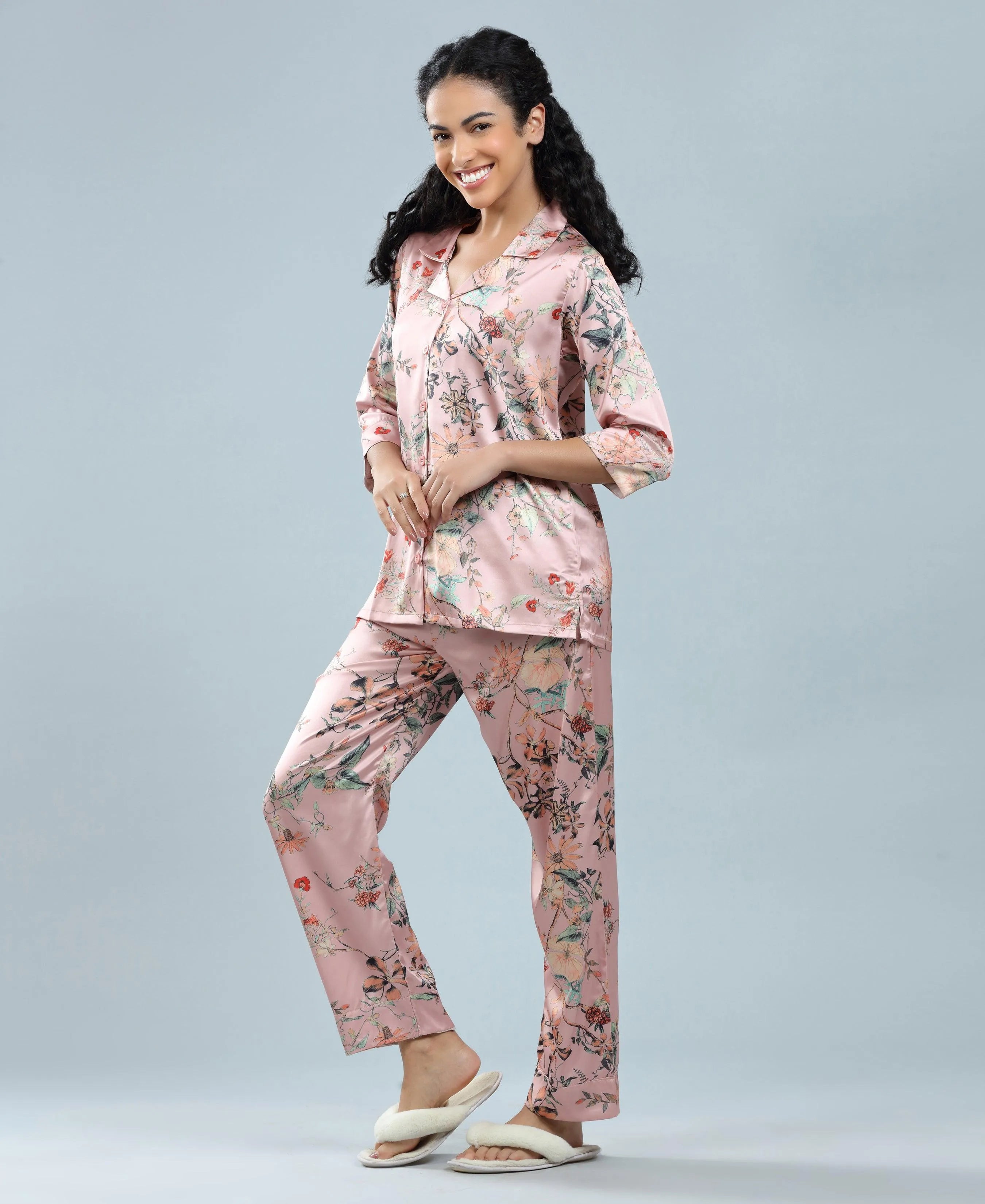 Velure Floral Print Satin Night Suit - Velure, Shirt and Pant, Unwind in style with Velure's Floral Print Satin Night Suit. Made from soft satin fabric, it features a beautiful floral print. The suit includes a shirt with full sleeves and full-length pants with an elastic waistband for a comfortable fit. Perfect for a good night's sleep or lounging.