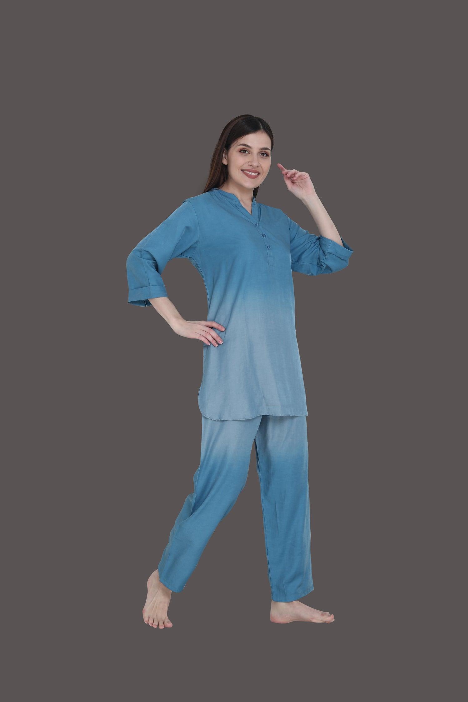 Velure Delightful Teal-Blue Dual Shade Kurti Style Night Suit - Velure - Long Top and Pant - 3/4 Sleeves, Collar Neck, Cotton, Front Button Open, Full Length Pant