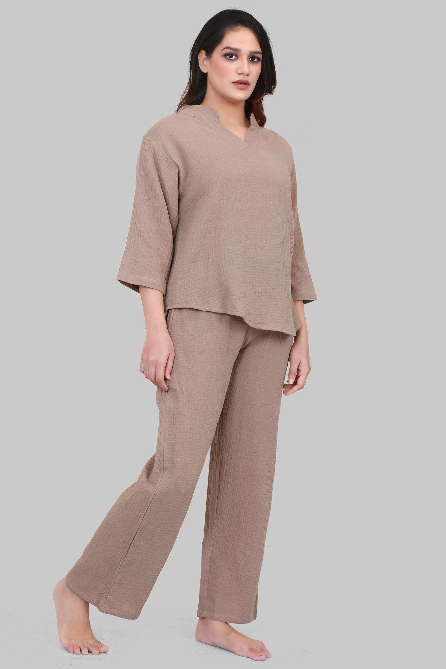 Velure Stylish Classic Co-ord Set - Velure - - 3/4 Sleeves, Collar Neck, Cotton, Full Length Pant