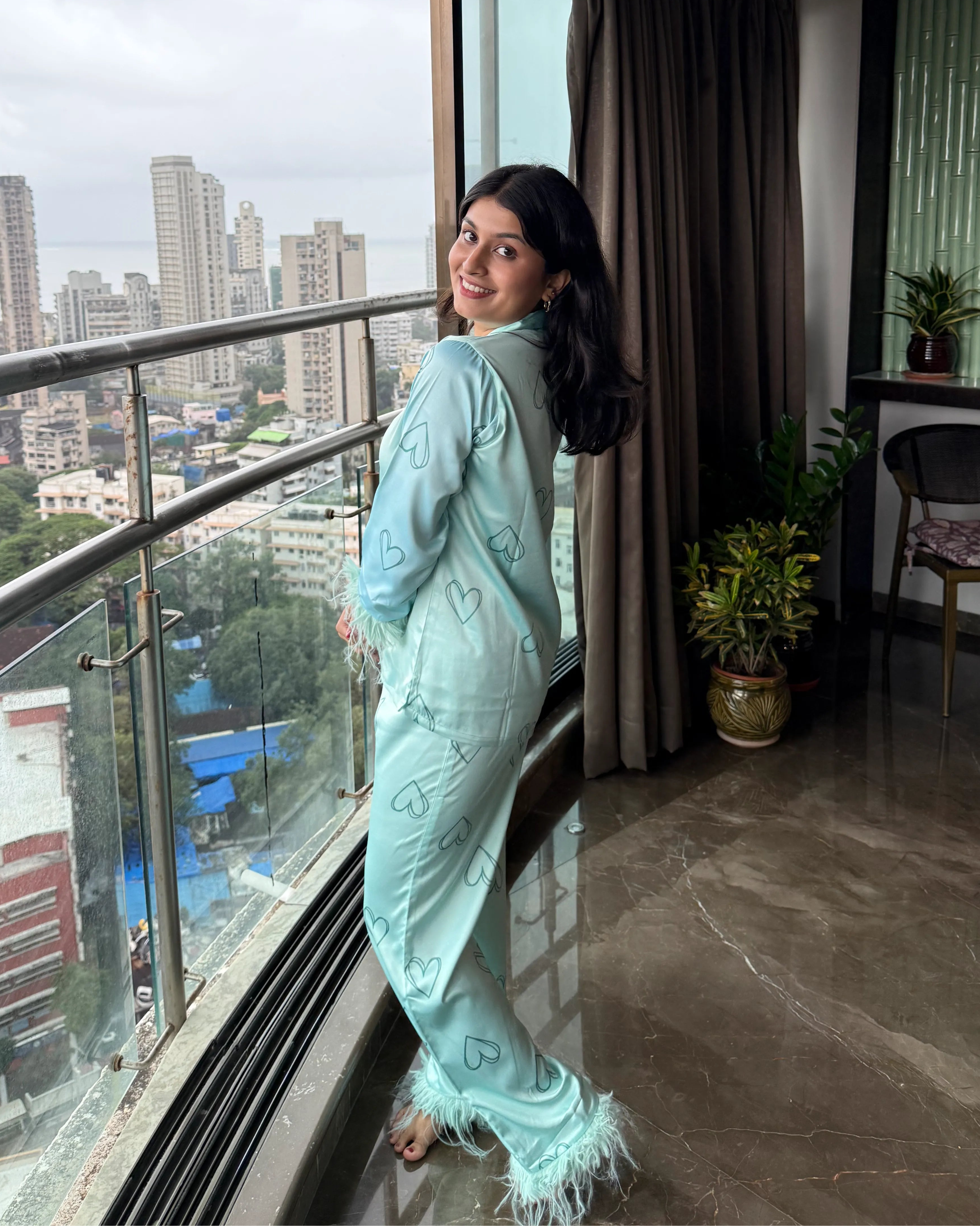 Velure Soothing Green Heart Fur Satin Sleepwear Set