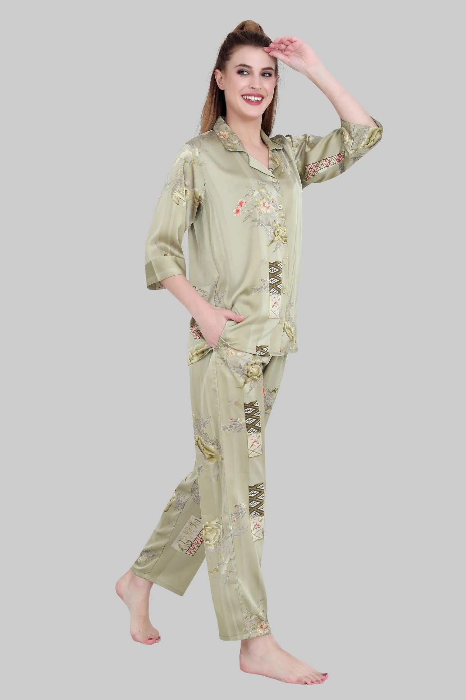 Velure Embellished Floral Print Satin Night Suit - Velure, Shirt and Pant, A perfect balance of style and comfort, this mint-green floral night suit from Velure will be a great addition to your wardrobe. Tailored to perfection from premium satin fabric, it assures a soft and soothing touch against the skin. The satin collar adds a touch of elegance and sophistication to the overall look.