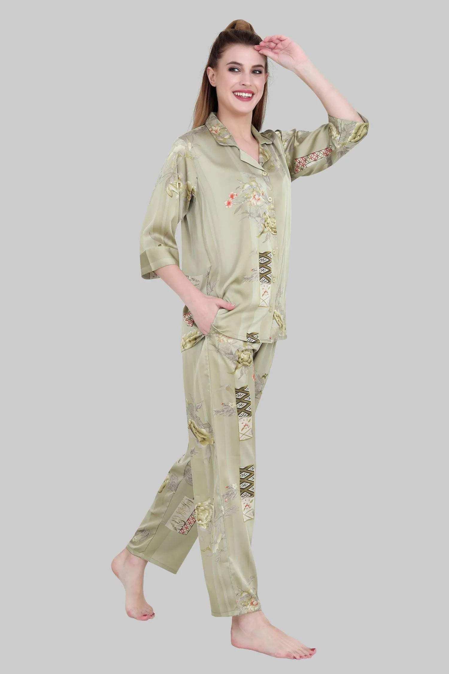 Velure Embellished Floral Print Satin Night Suit - Velure - - 3/4 Sleeves, Collar Neck, Floral Print, Front Button Open, Full Length Pant