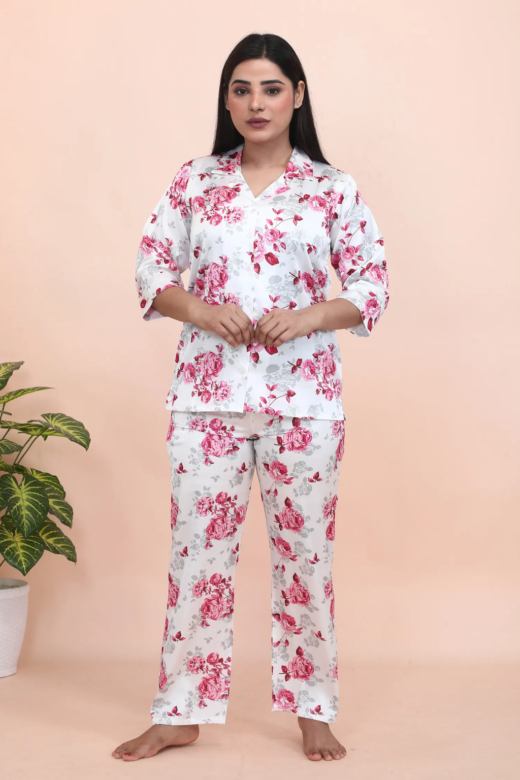 Velure Pleasant Floral Print Satin Night Suit - Velure - - 3/4 Sleeves, Collar Neck, Floral Print, Front Button Open, Full Length Pant, Satin