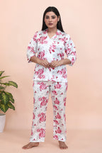 Velure Pleasant Floral Print Satin Night Suit - Velure - - 3/4 Sleeves, Collar Neck, Floral Print, Front Button Open, Full Length Pant, Satin