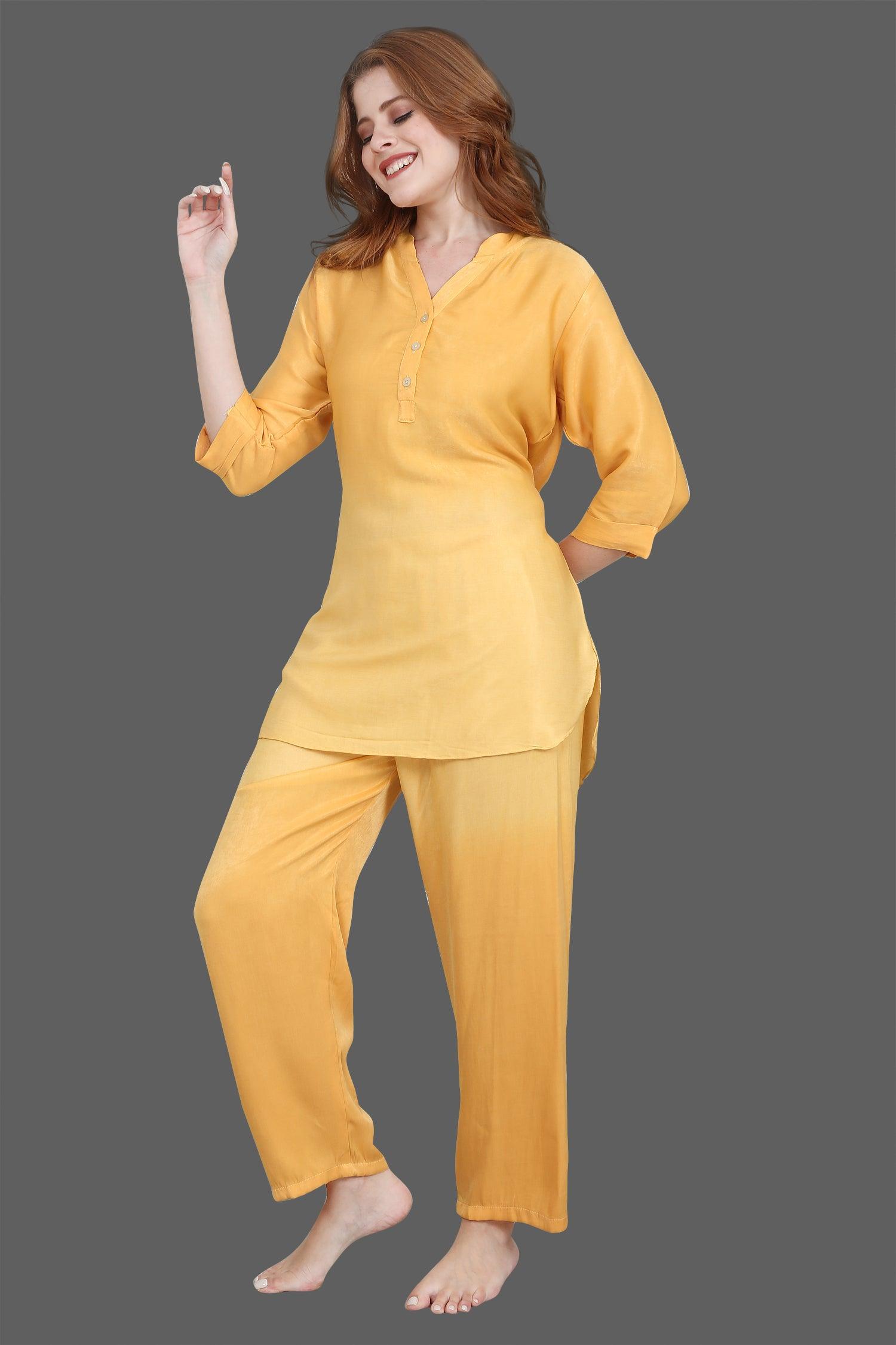 Velure Mustard Dual Shade Kurti Style Night Suit - Velure - Long Top and Pant - 3/4 Sleeves, Collar Neck, Cotton, Front Button Open, Full Length Pant