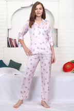 Velure Dazzling Floral Print Satin Night Suit - Velure - - 3/4 Sleeves, Collar Neck, Floral Print, Front Button Open, Full Length Pant