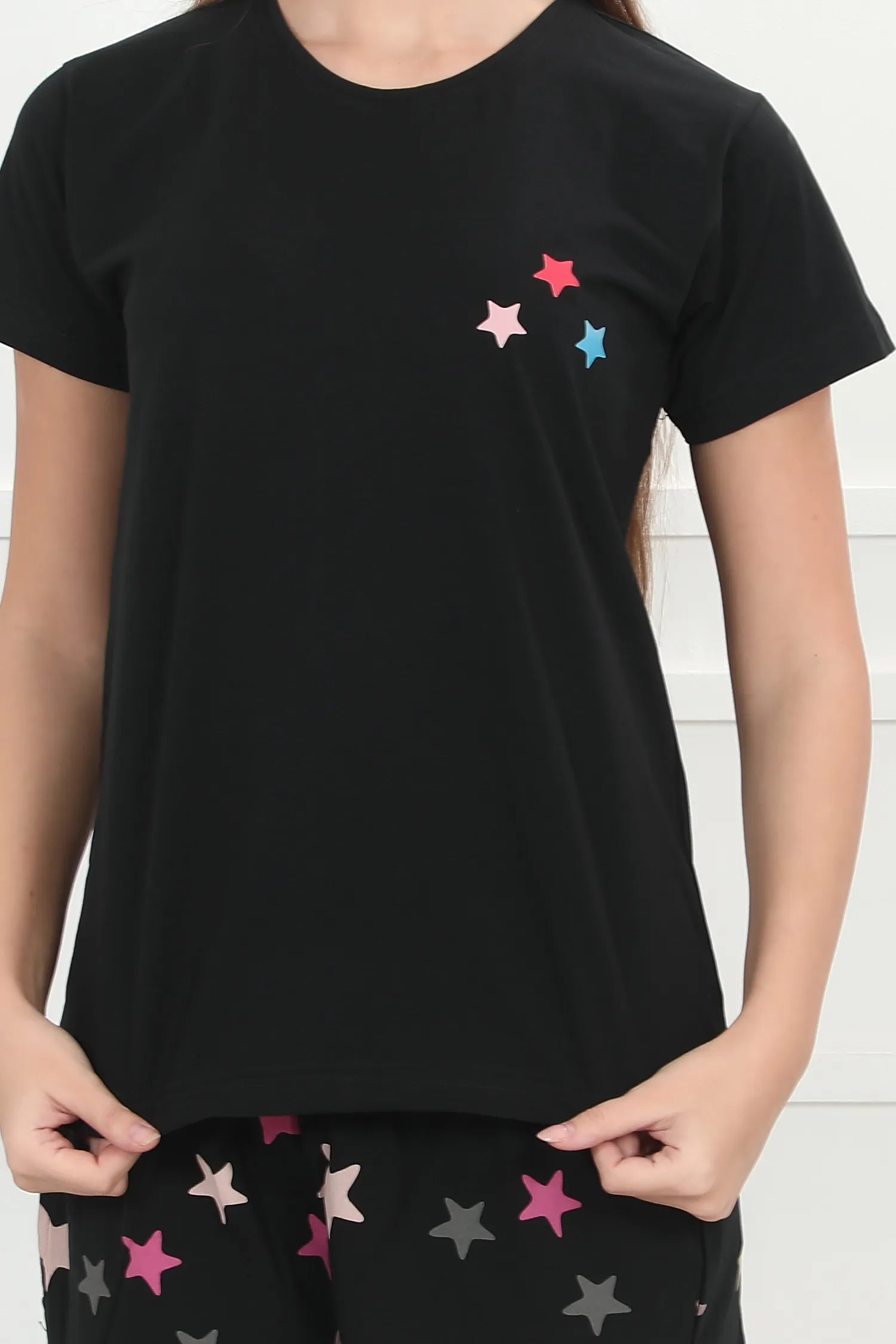 Velure Black Shiny Stars Shorts Set - Velure - - Cotton Lycra Fabric, Half Sleeves, Printed, Round neck, Shorts