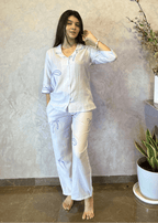 Velure Classic Bow Print Cotton Night Suit. - Velure - - 3/4 Sleeves, Collar Neck, Cotton, Front Button Open, Full Length Pant