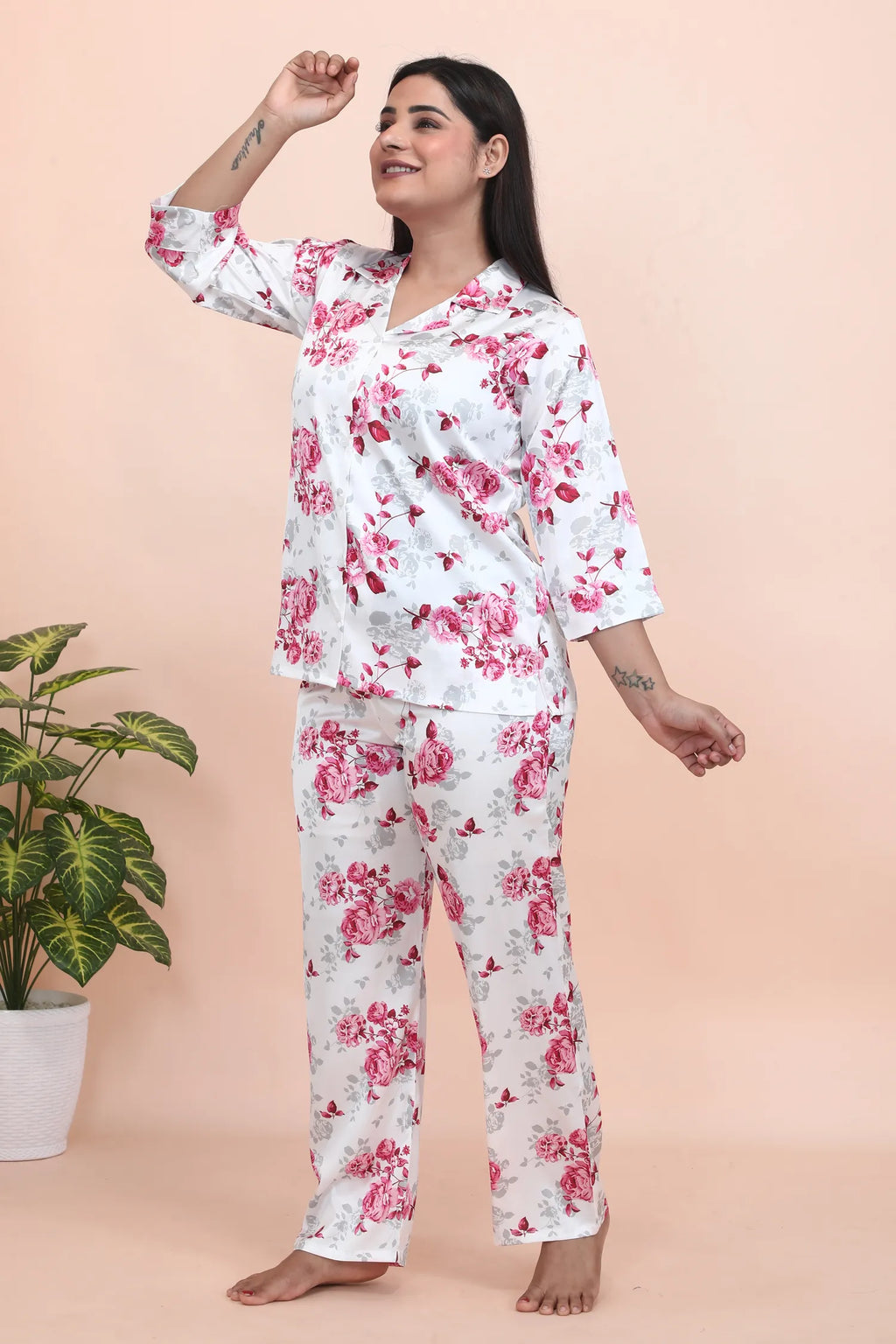 Velure Pleasant Floral Print Satin Night Suit - Velure - - 3/4 Sleeves, Collar Neck, Floral Print, Front Button Open, Full Length Pant, Satin