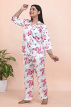 Velure Pleasant Floral Print Satin Night Suit - Velure - - 3/4 Sleeves, Collar Neck, Floral Print, Front Button Open, Full Length Pant, Satin