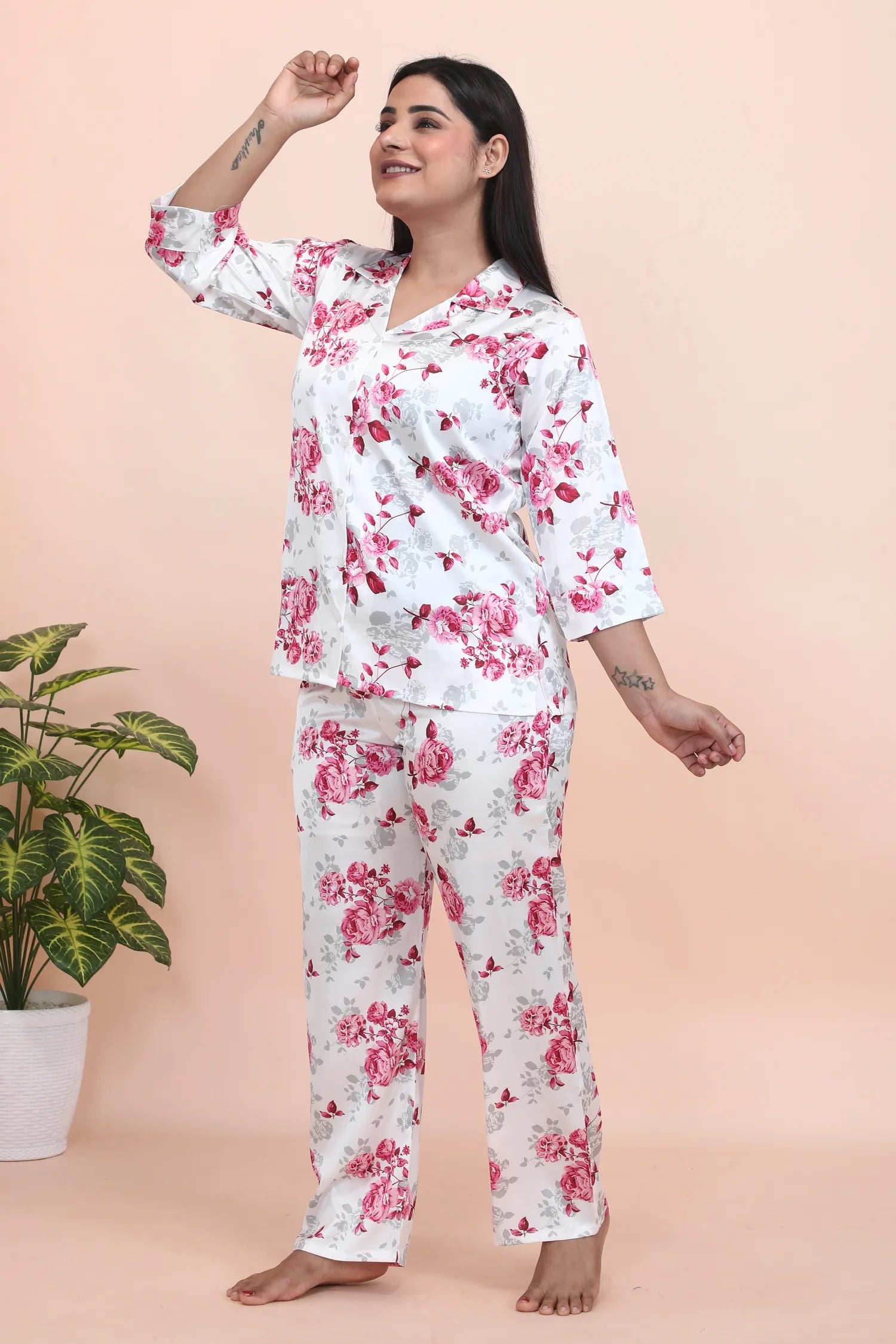Velure Pleasant Floral Print Satin Night Suit - Velure - - 3/4 Sleeves, Collar Neck, Floral Print, Front Button Open, Full Length Pant, Satin