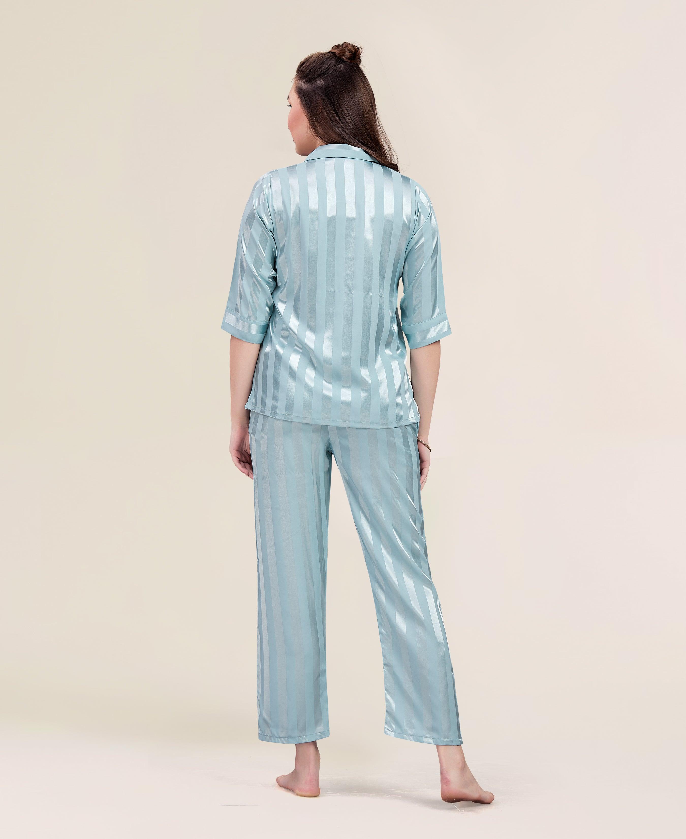 Velure Fusion Stripped Night Suit - Velure - Shirt and Pant - 3/4 Sleeves, Collar Neck, Cotton, Front Button Open, Full Length Pant, Stripes