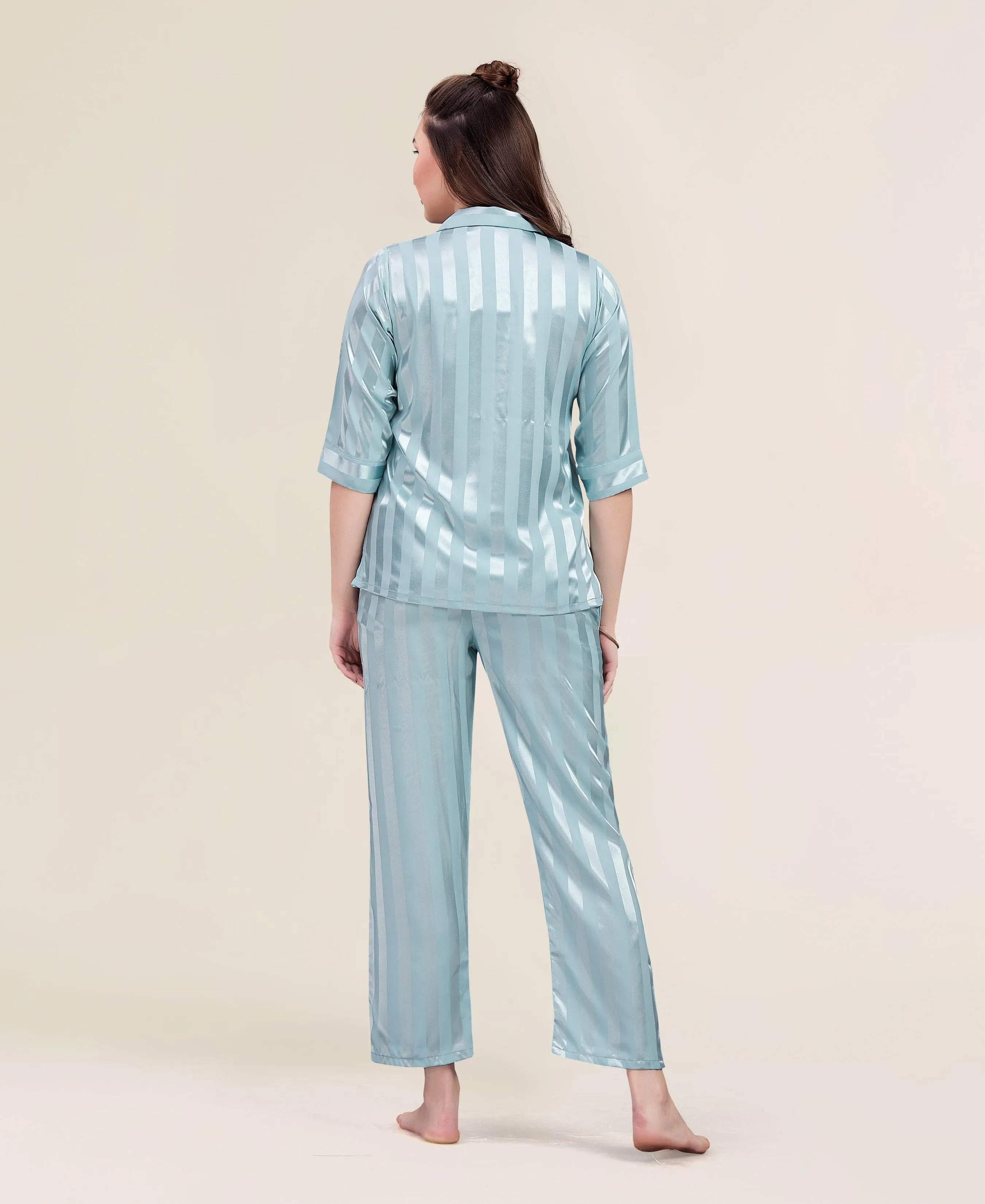 Velure Fusion Stripped Night Suit - Velure - - 3/4 Sleeves, Collar Neck, Cotton, Front Button Open, Full Length Pant, Stripes