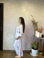 Velure Classic Bow Print Cotton Night Suit. - Velure - - 3/4 Sleeves, Collar Neck, Cotton, Front Button Open, Full Length Pant