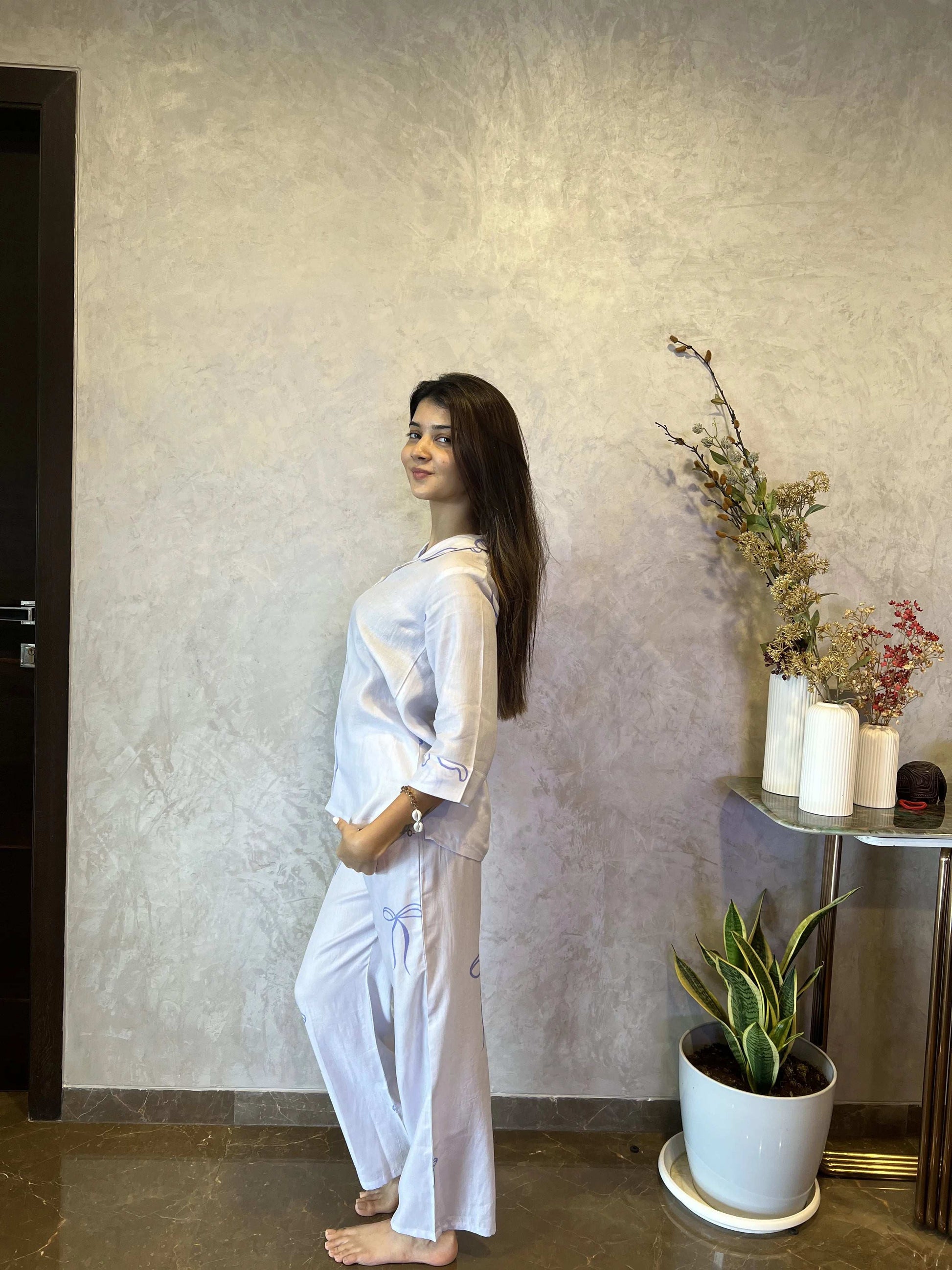 Velure Classic Bow Print Cotton Night Suit. - Velure - - 3/4 Sleeves, Collar Neck, Cotton, Front Button Open, Full Length Pant