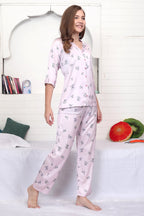 Velure Dazzling Floral Print Satin Night Suit - Velure - - 3/4 Sleeves, Collar Neck, Floral Print, Front Button Open, Full Length Pant
