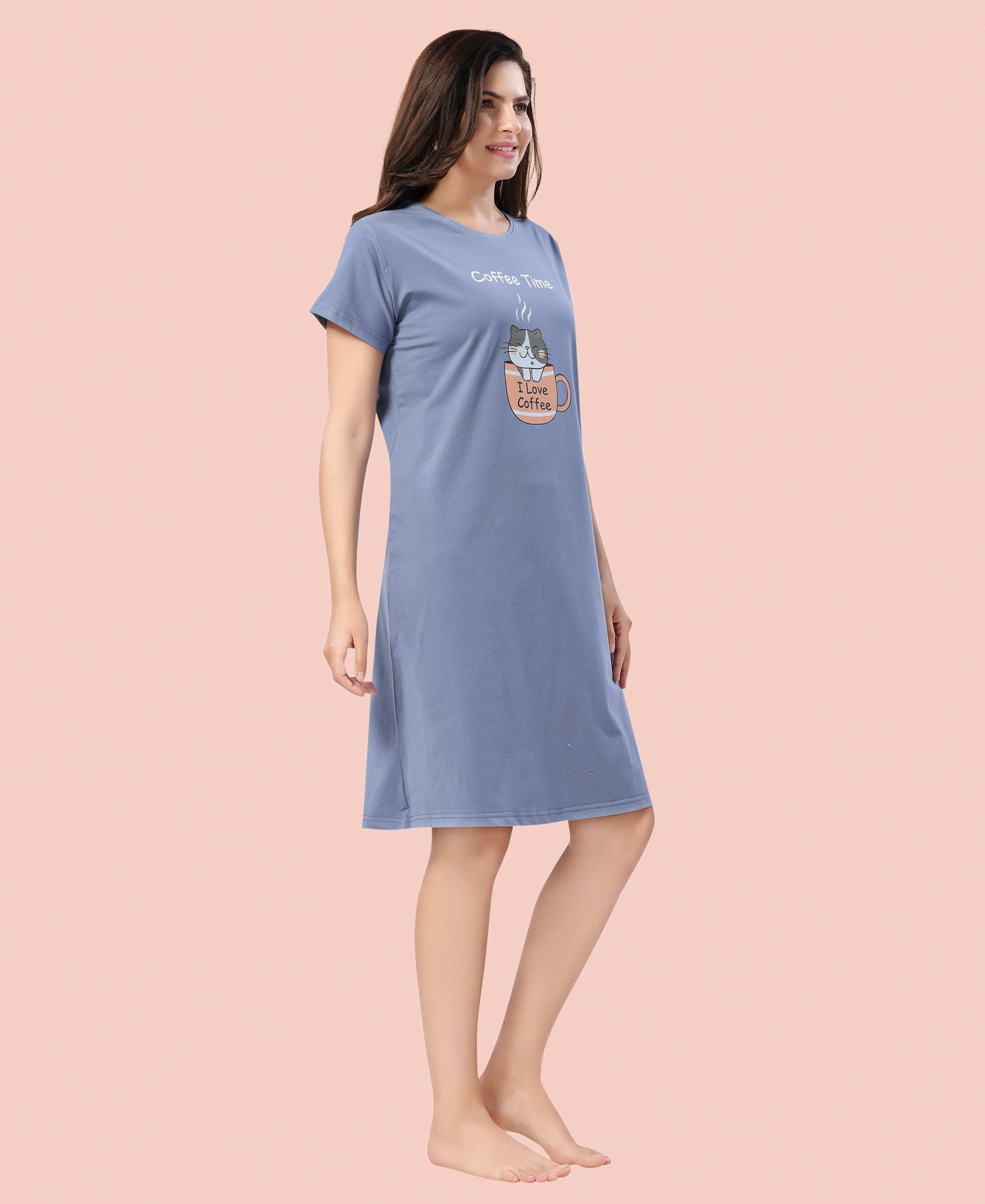 Velure Joyful Short Nighty - Velure - - Cotton, Half Sleeves, Knee Length, Printed, Round neck