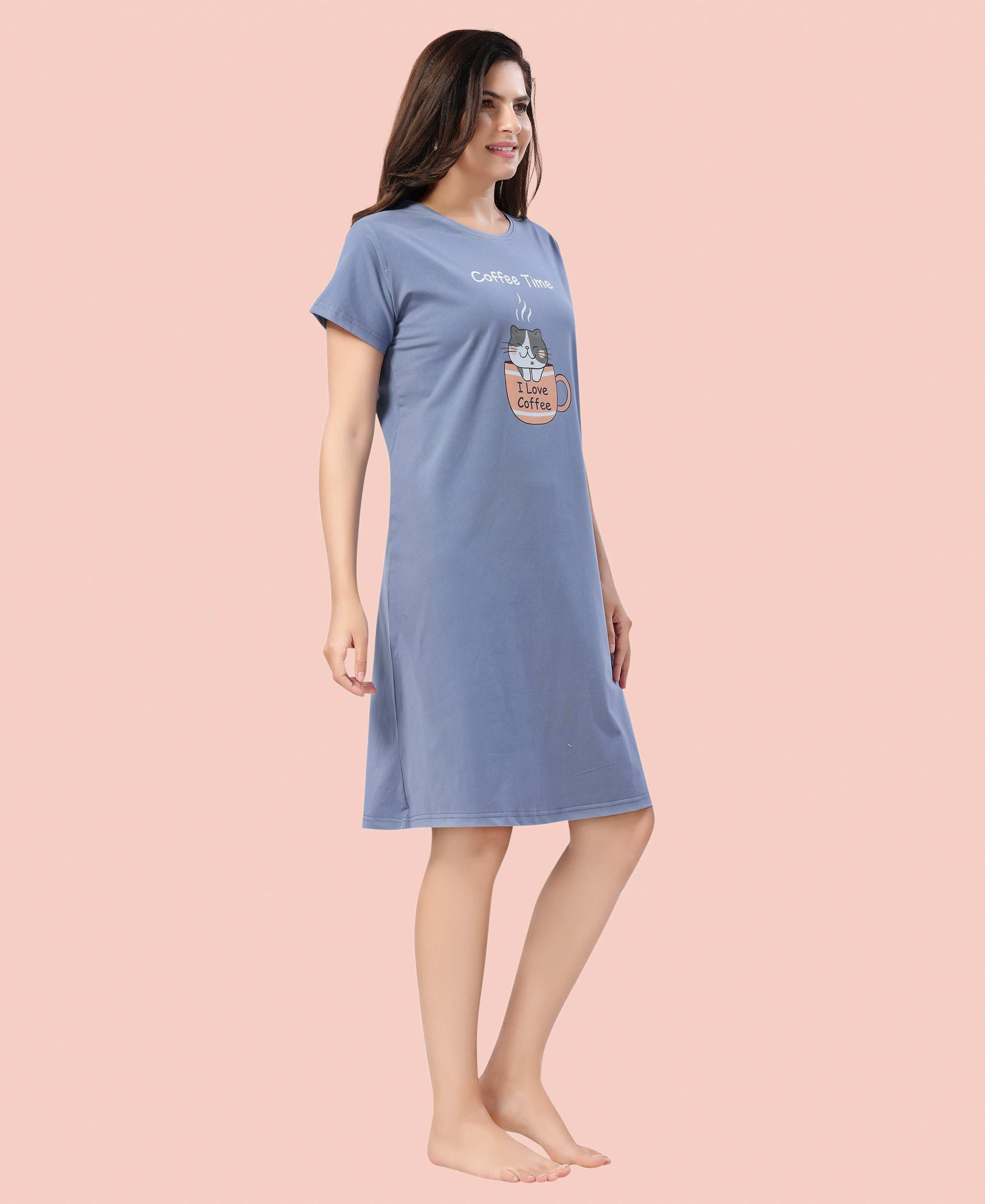 Velure Joyful Short Nighty - Velure - - Cotton, Half Sleeves, Knee Length, Printed, Round neck