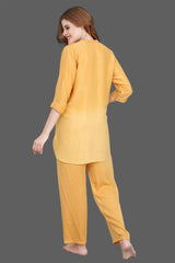 Velure Mustard Dual Shade Kurti Style Night Suit - Velure - Long Top and Pant - 3/4 Sleeves, Collar Neck, Cotton, Front Button Open, Full Length Pant