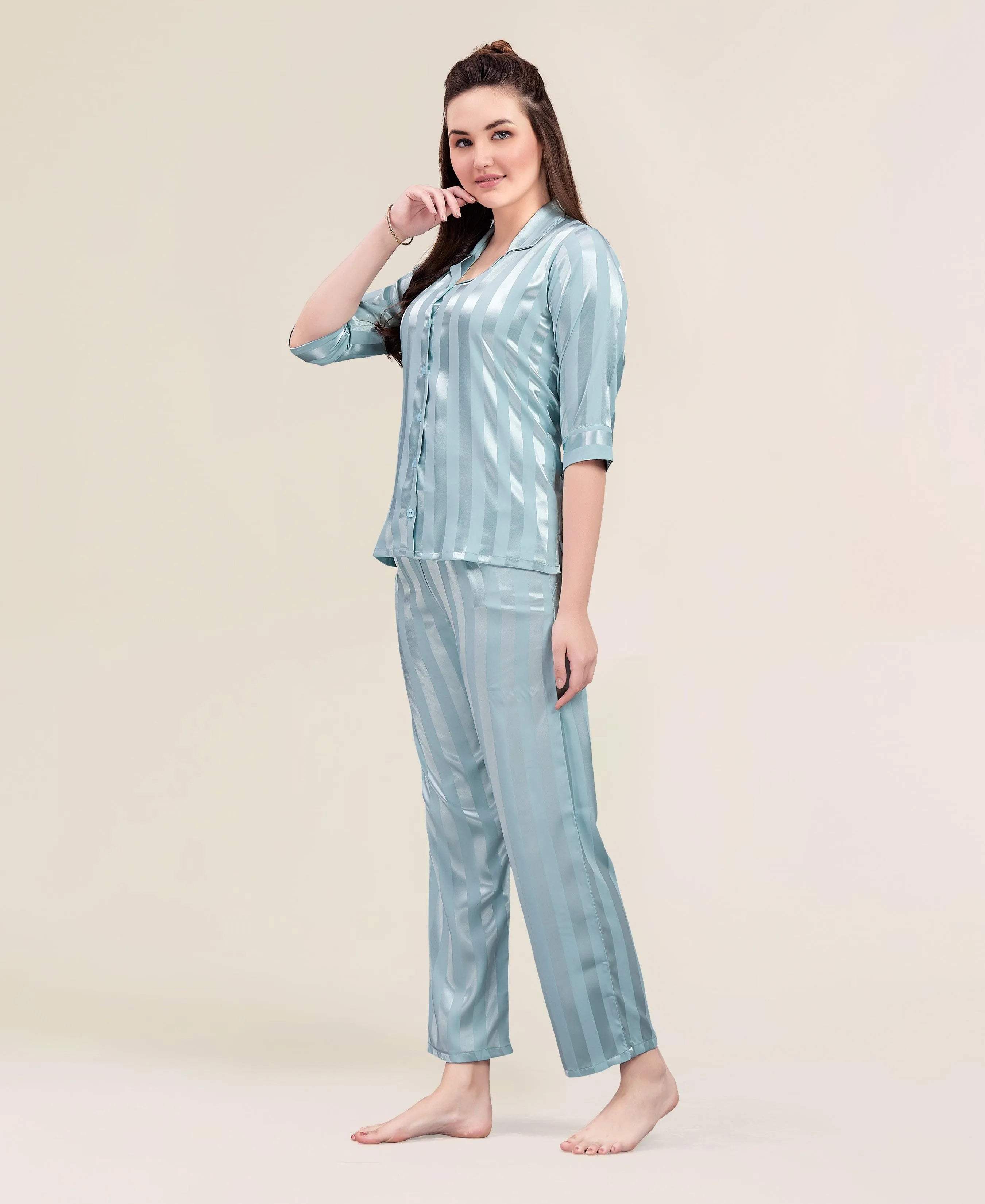 Velure Fusion Stripped Night Suit - Velure - - 3/4 Sleeves, Collar Neck, Cotton, Front Button Open, Full Length Pant, Stripes