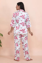 Velure Pleasant Floral Print Satin Night Suit - Velure - - 3/4 Sleeves, Collar Neck, Floral Print, Front Button Open, Full Length Pant, Satin