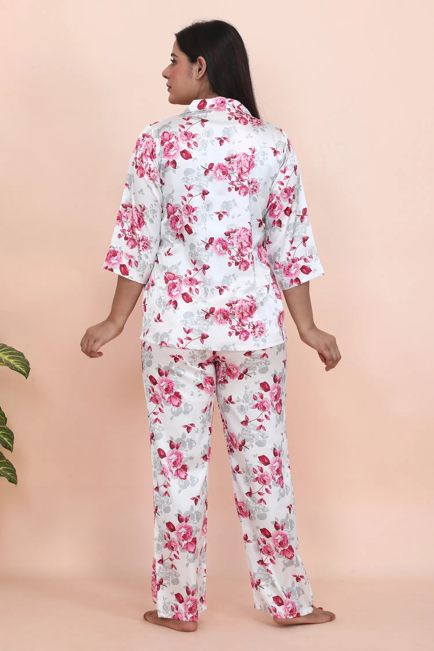 Velure Pleasant Floral Print Satin Night Suit - Velure - - 3/4 Sleeves, Collar Neck, Floral Print, Front Button Open, Full Length Pant, Satin
