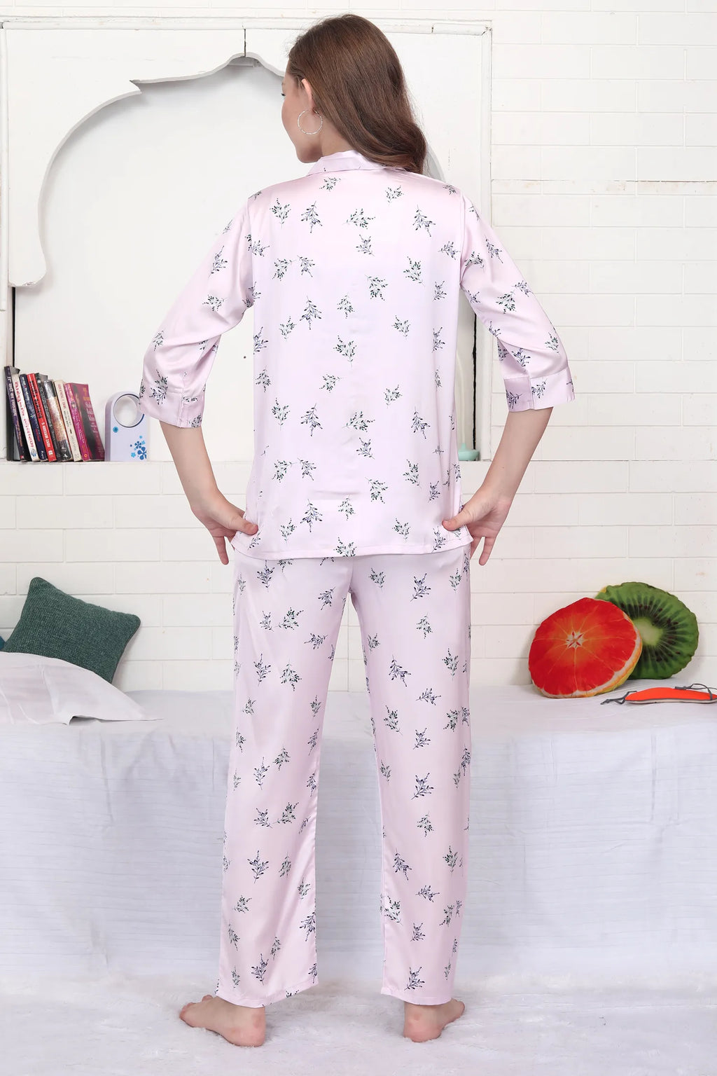 Velure Dazzling Floral Print Satin Night Suit - Velure - - 3/4 Sleeves, Collar Neck, Floral Print, Front Button Open, Full Length Pant