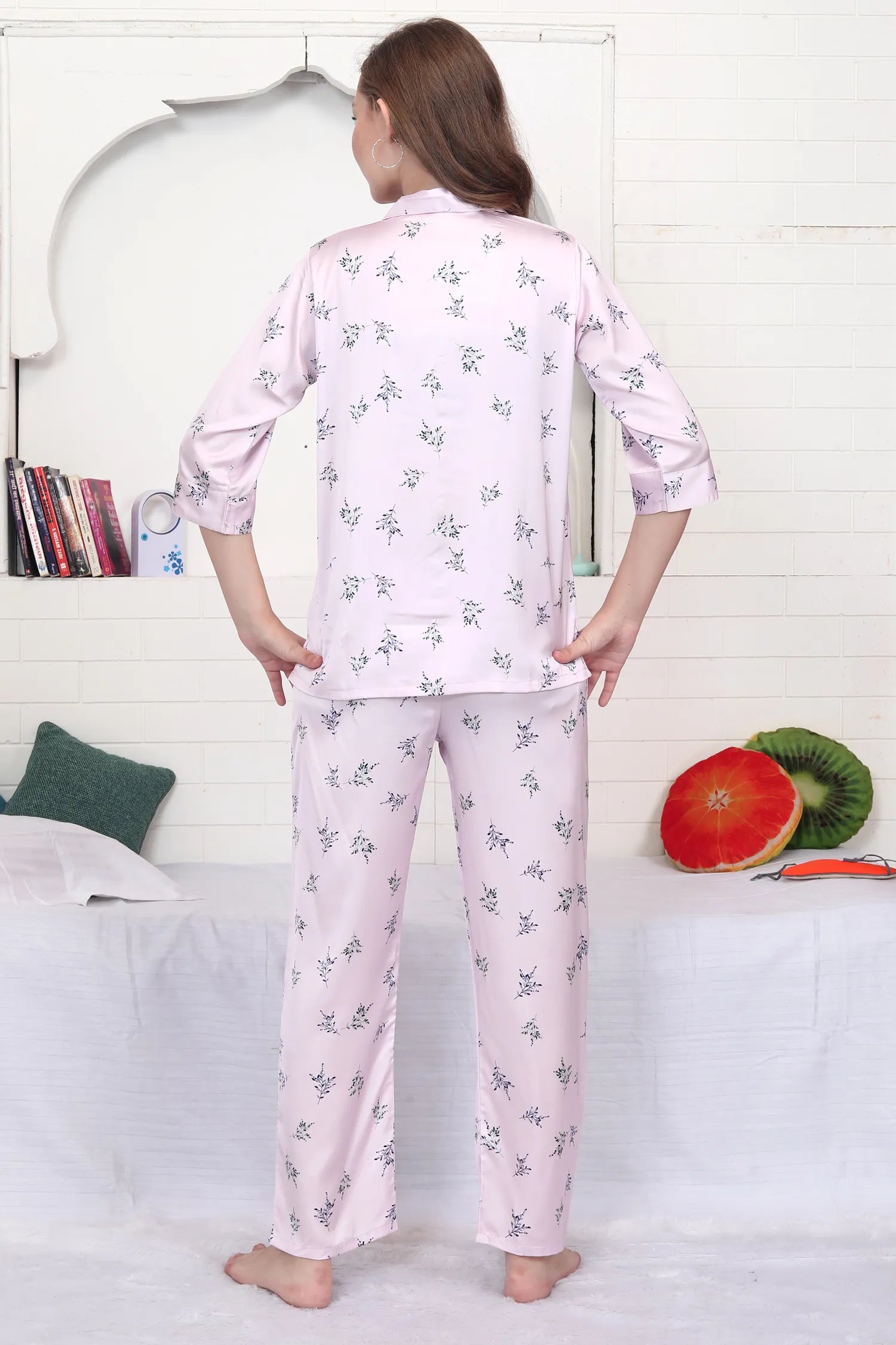 Velure Dazzling Floral Print Satin Night Suit - Velure - - 3/4 Sleeves, Collar Neck, Floral Print, Front Button Open, Full Length Pant