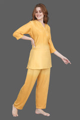 Velure Mustard Dual Shade Kurti Style Night Suit - Velure - Long Top and Pant - 3/4 Sleeves, Collar Neck, Cotton, Front Button Open, Full Length Pant