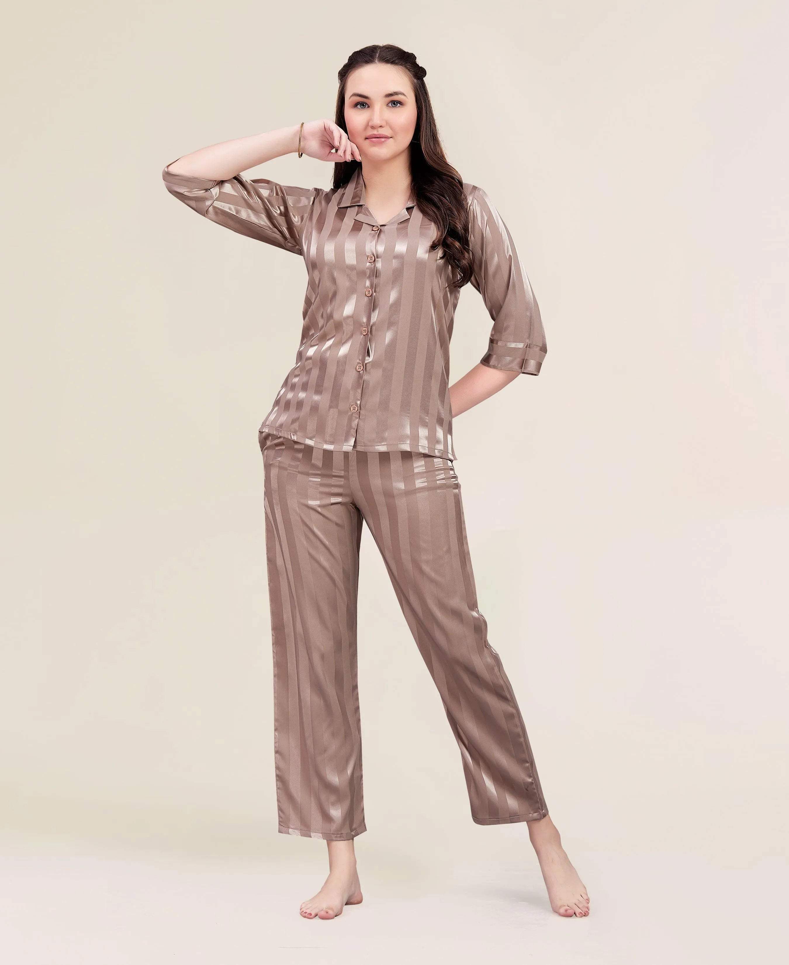 Velure Classic Strippes Night Suit - Velure - - 3/4 Sleeves, Collar Neck, Front Button Open, Full Length Pant, Satin, Stripes