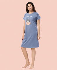 Velure Joyful Short Nighty - Velure - - Cotton, Half Sleeves, Knee Length, Printed, Round neck