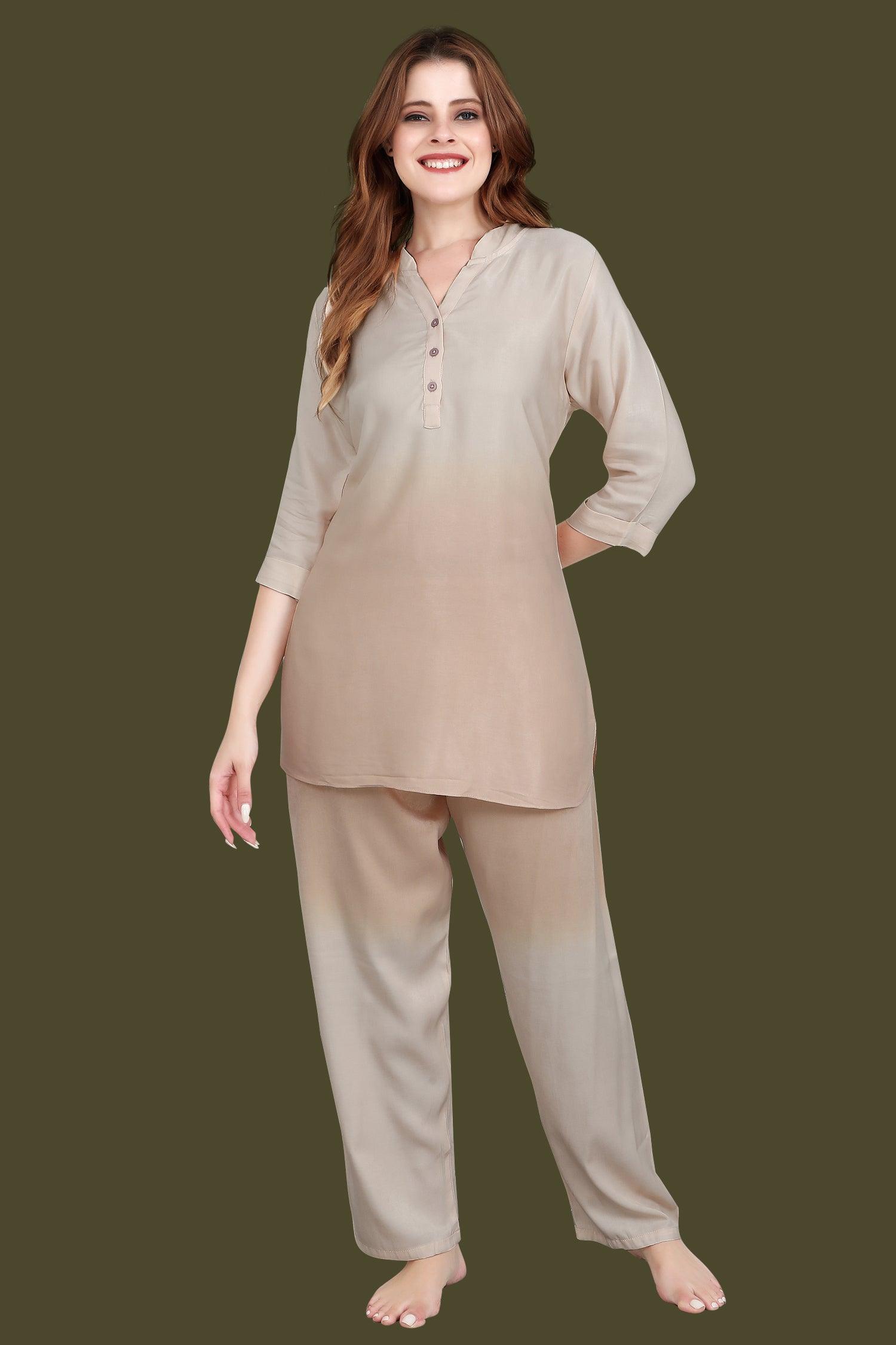 Velure Trendy Dual Shade Kurti Style Night Suit - Velure - Long Top and Pant - 3/4 Sleeves, Collar Neck, Cotton, Front Button Open, Full Length Pant