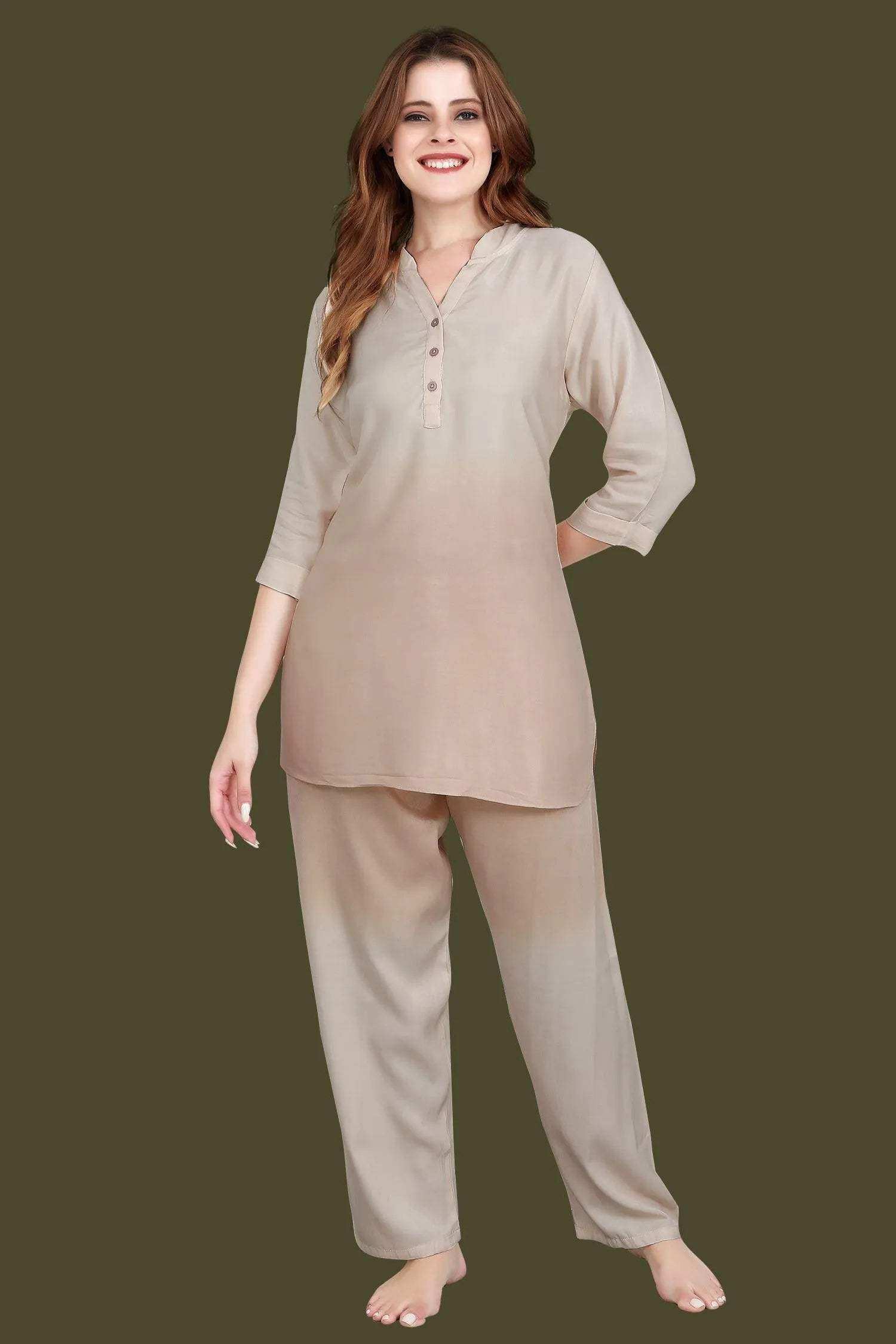 Velure Trendy Dual Shade Kurti Style Night Suit - Velure - - 3/4 Sleeves, Collar Neck, Cotton, Front Button Open, Full Length Pant