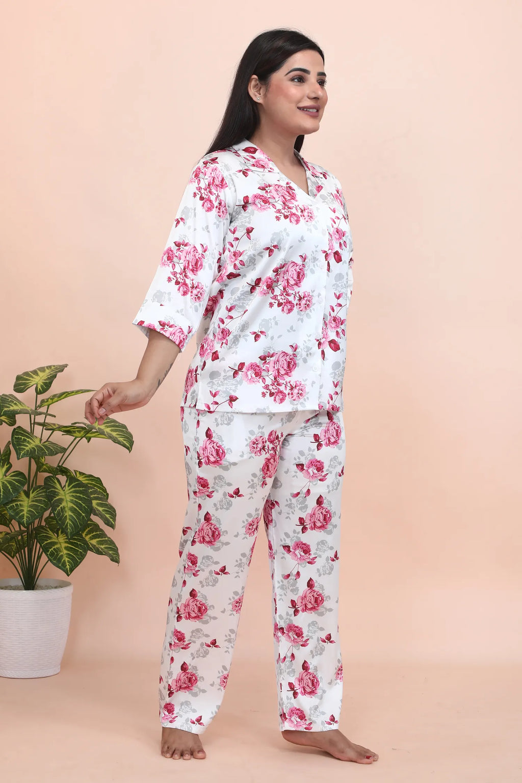 Velure Pleasant Floral Print Satin Night Suit - Velure - - 3/4 Sleeves, Collar Neck, Floral Print, Front Button Open, Full Length Pant, Satin