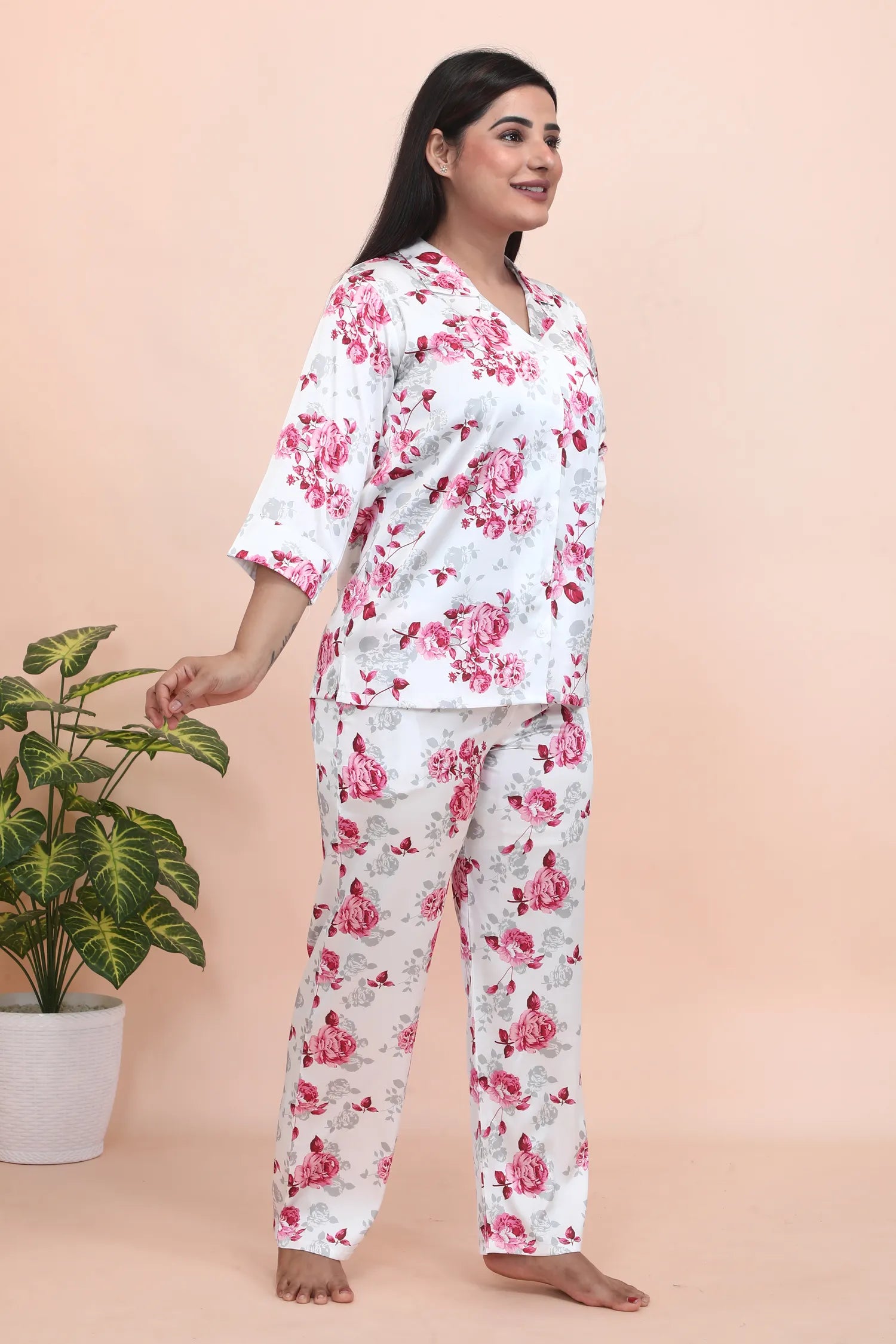 Velure Pleasant Floral Print Satin Night Suit - Velure - - 3/4 Sleeves, Collar Neck, Floral Print, Front Button Open, Full Length Pant, Satin