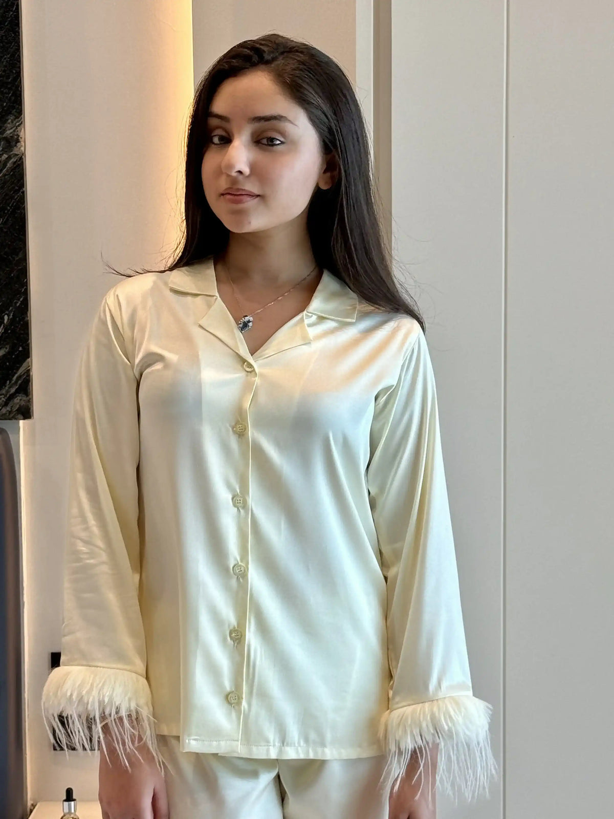 Velure Cheerful Fur Satin Night Suit - Velure - Shirt and Pant - 3/4 Sleeves, Collar Neck, Detail-plainfur, Front Button Open, Full Length Pant, Satin